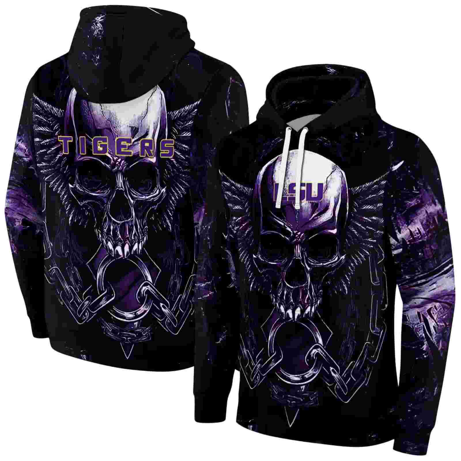 lsu tigers skull artwork purple black hoodie fashion forward