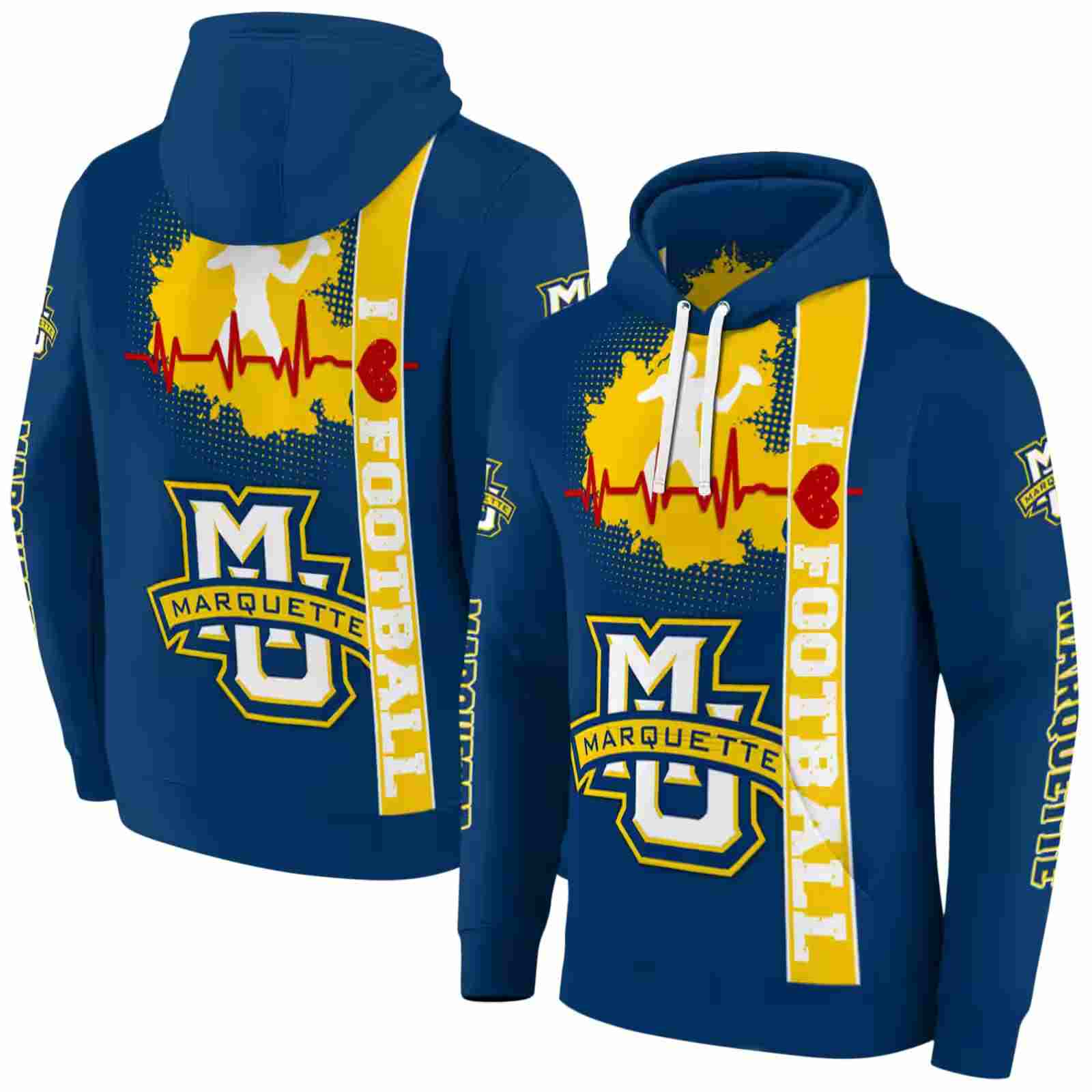 marquette golden eagles football heartbeat blue hoodie fashion forward