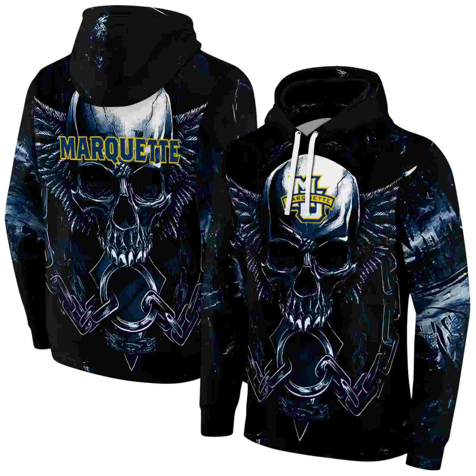 marquette golden eagles skull artwork blue black hoodie fashion forward