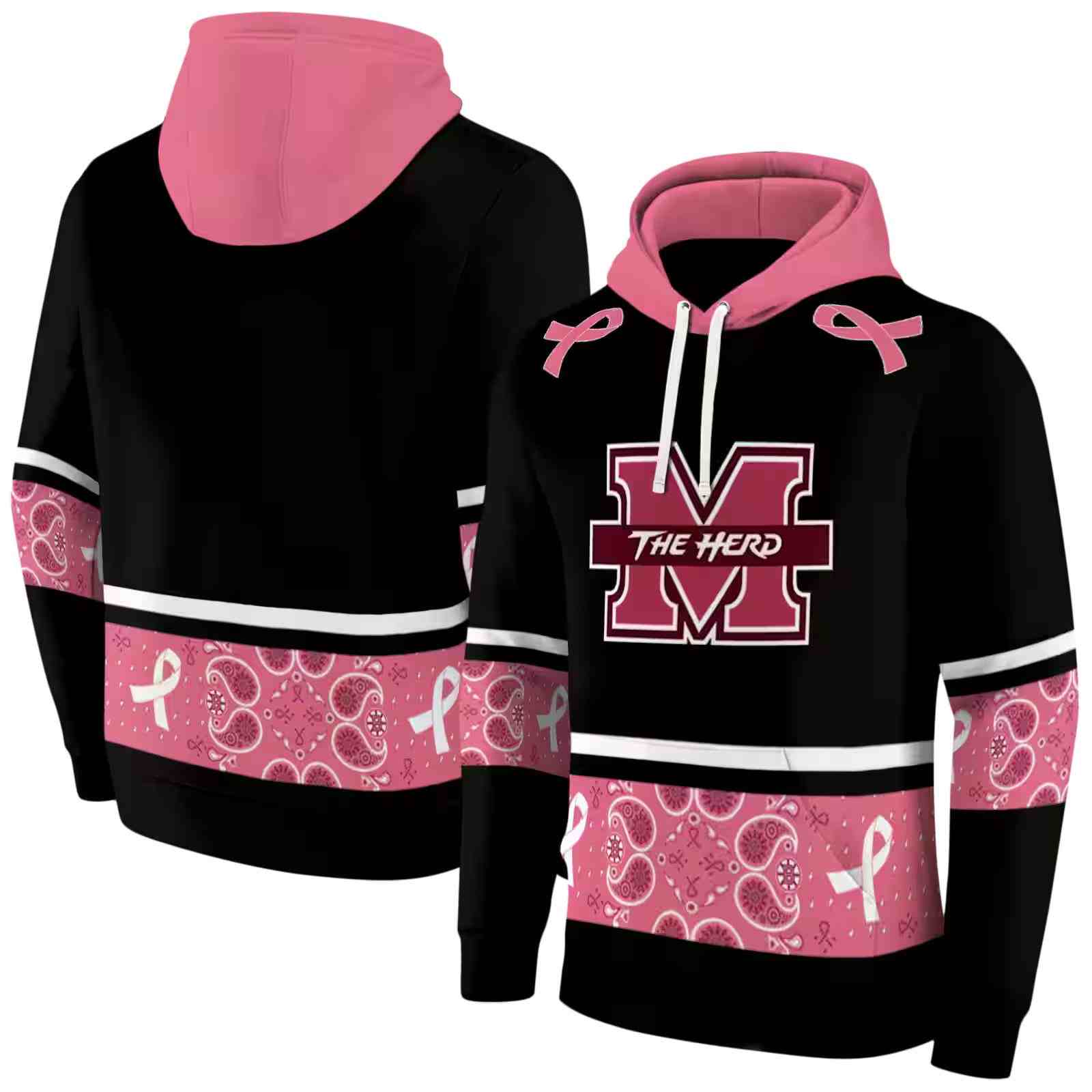 marshall thundering herd awareness ribbon black pink hoodie fashion forward