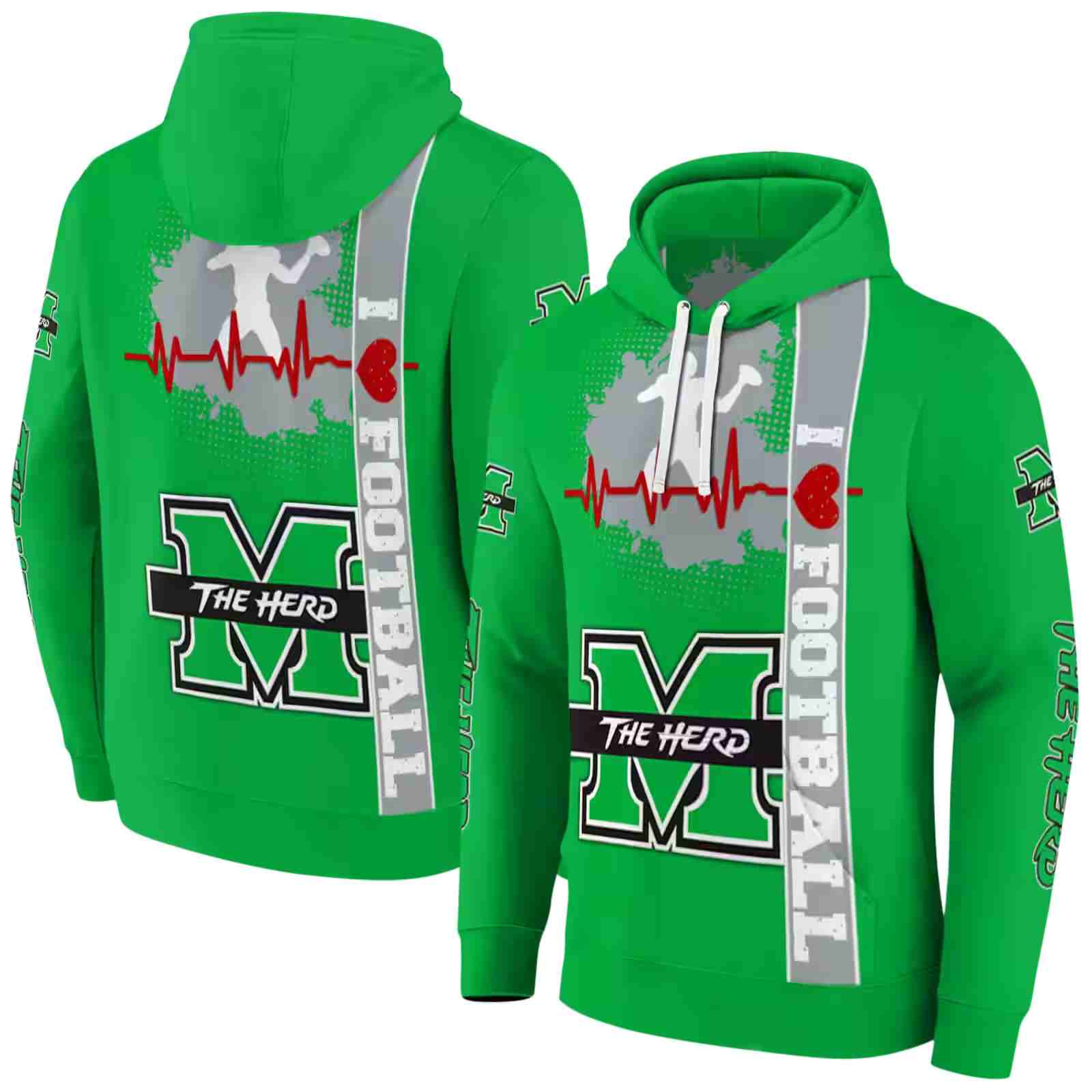 marshall thundering herd football heartbeat green hoodie fashion forward