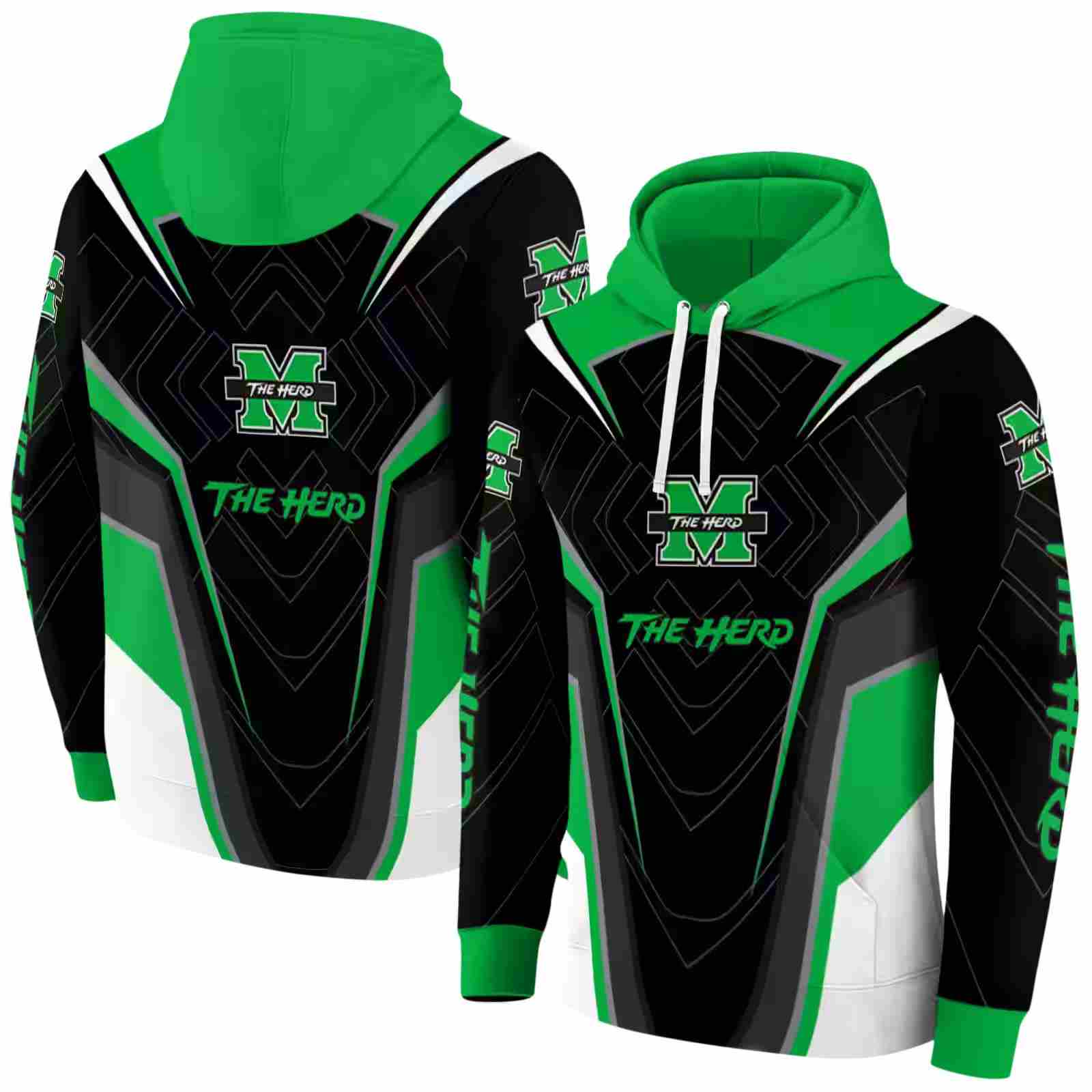 marshall thundering herd futuristic pattern green black hoodie fashion forward