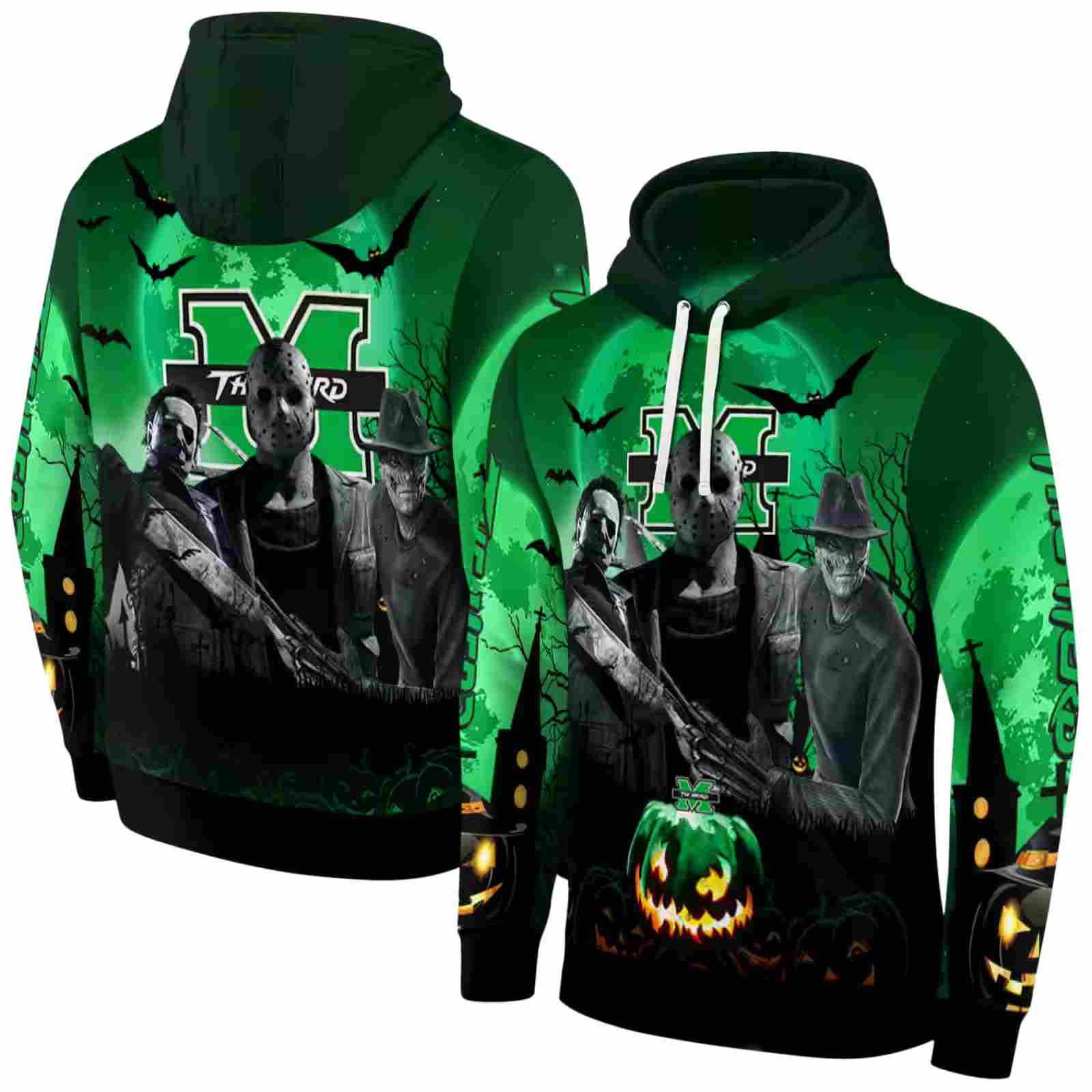 marshall thundering herd halloween vibes green black hoodie fashion forward