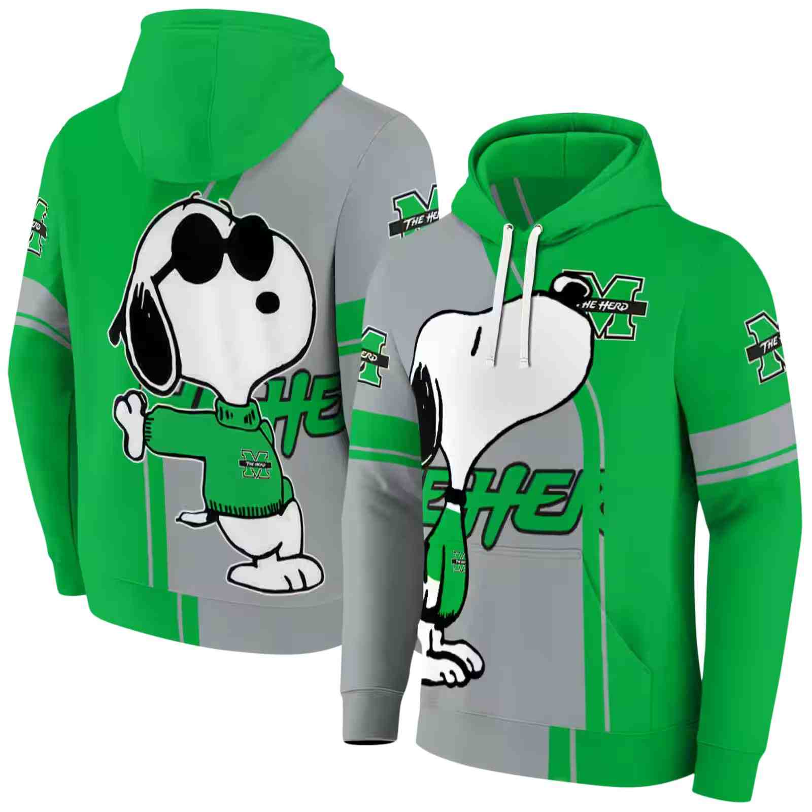 marshall thundering herd playful snoopy green hoodie fashion forward