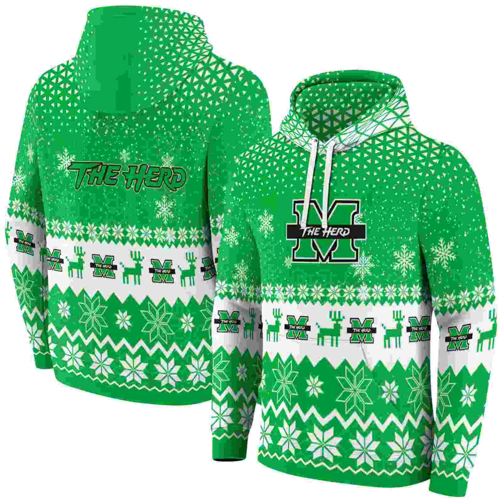 marshall thundering herd reindeer motif green hoodie fashion forward