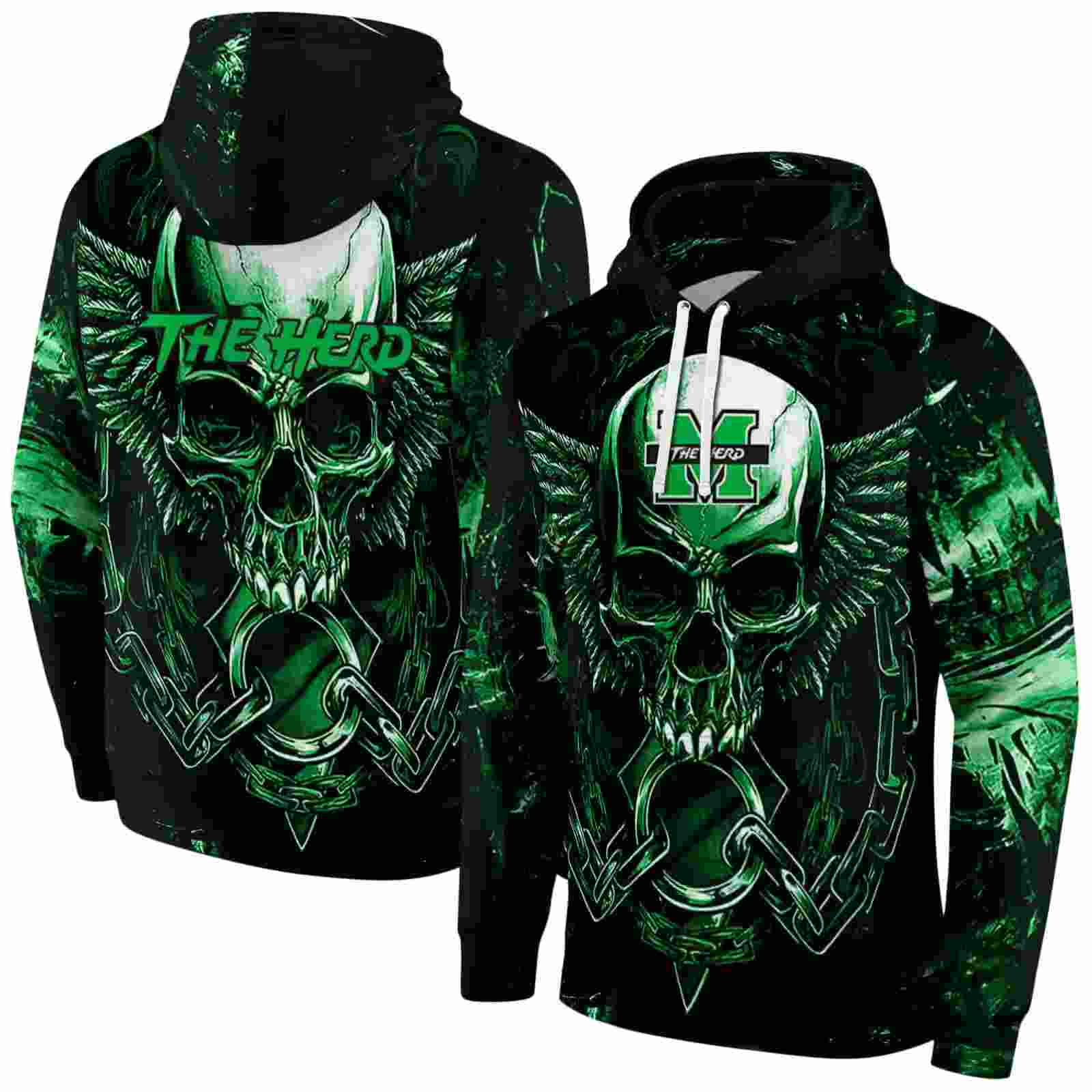 marshall thundering herd skull artwork green black hoodie fashion forward