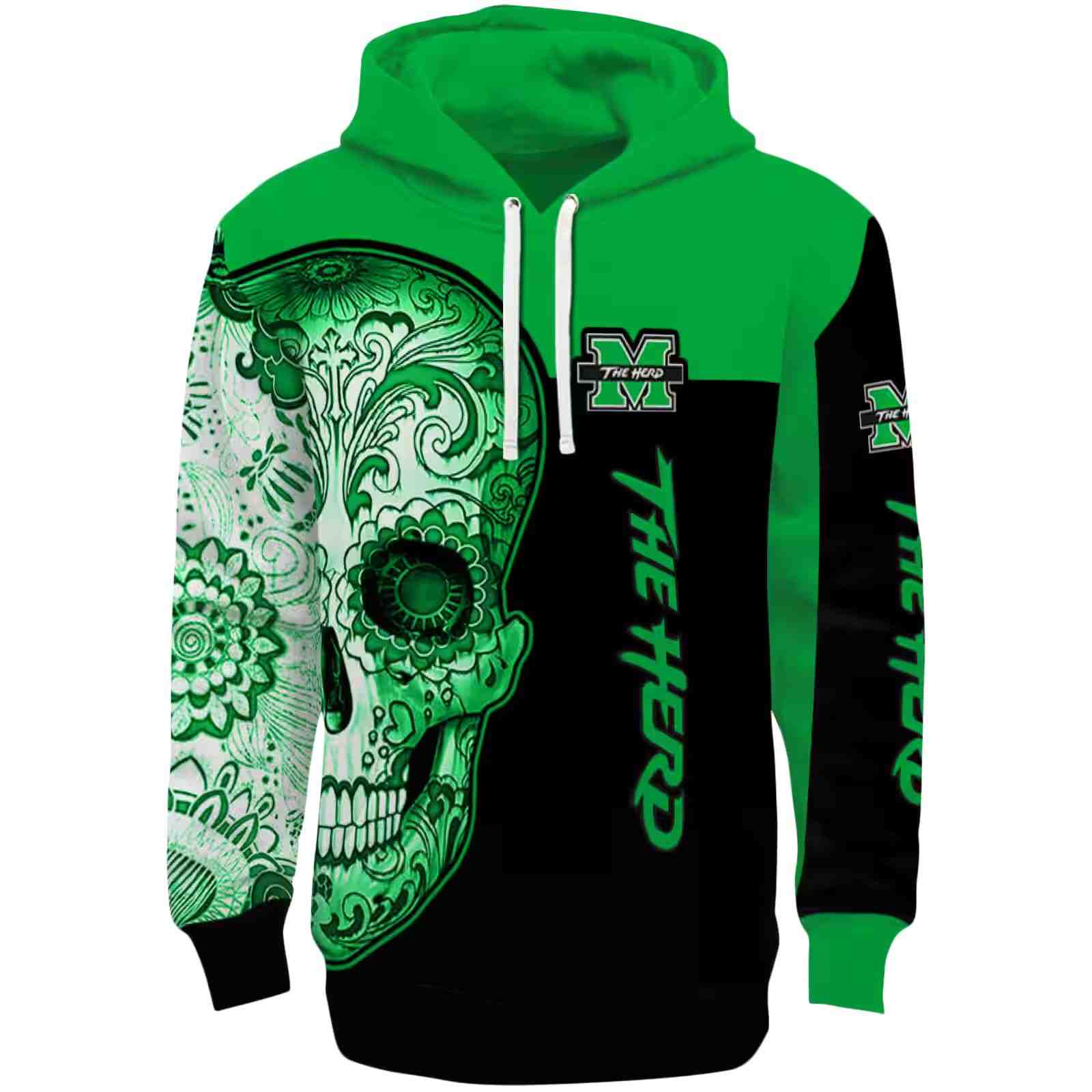 Marshall Thundering Herd Sugar Skull Green Black Hoodie