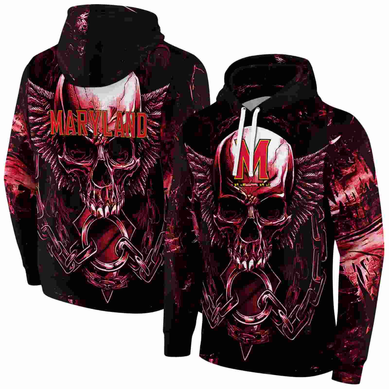 maryland terrapins skull artwork red black hoodie fashion forward