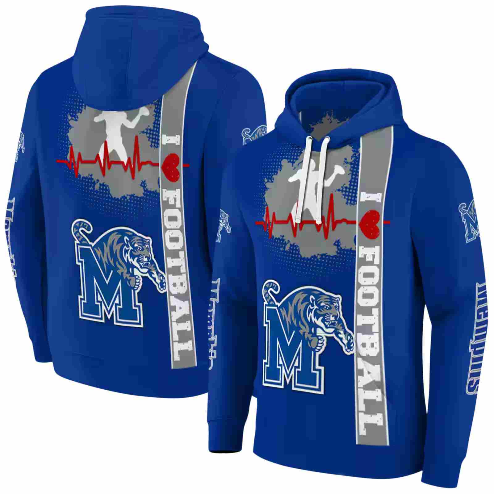 memphis tigers football heartbeat blue hoodie fashion forward