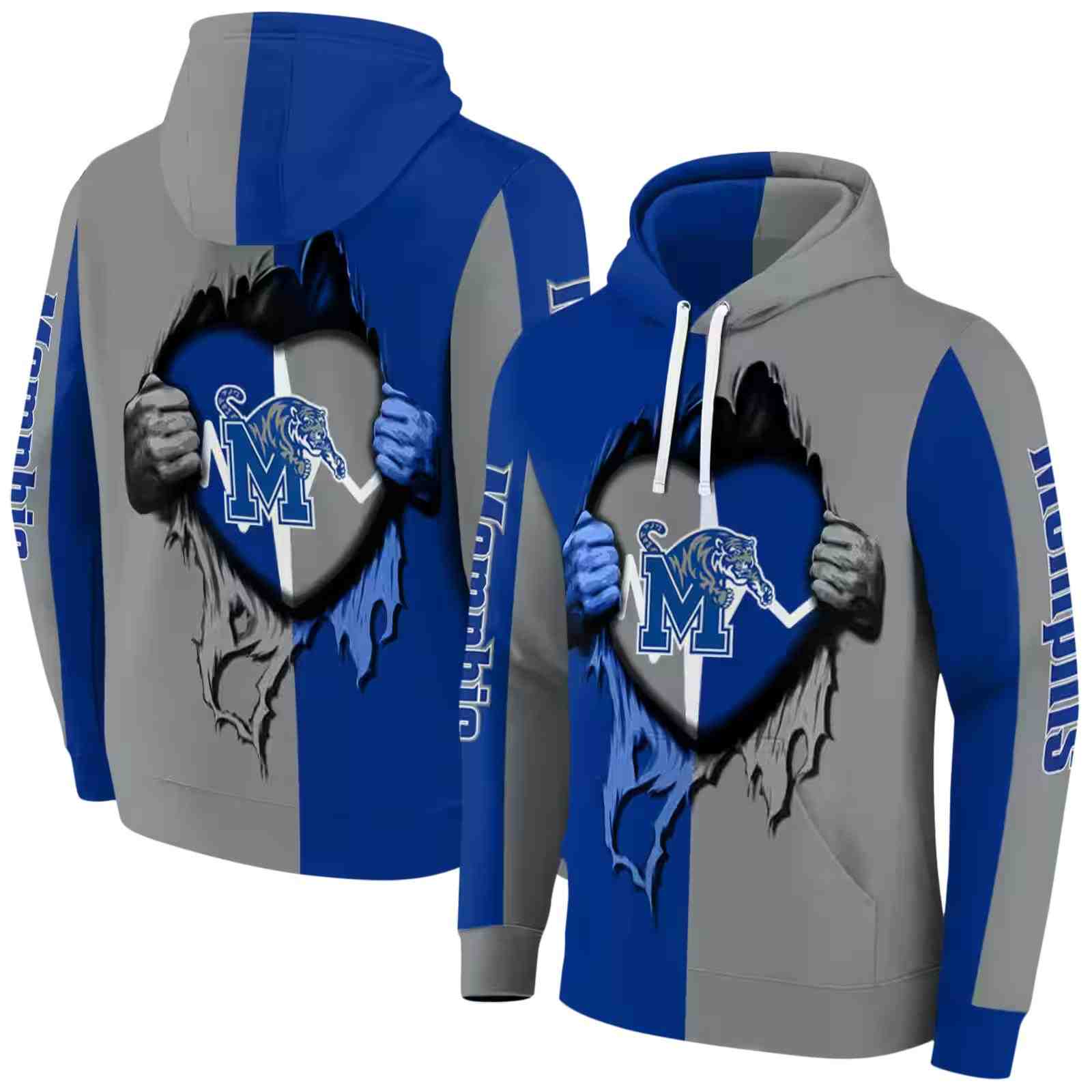 memphis tigers heartbeat graphic blue hoodie fashion forward