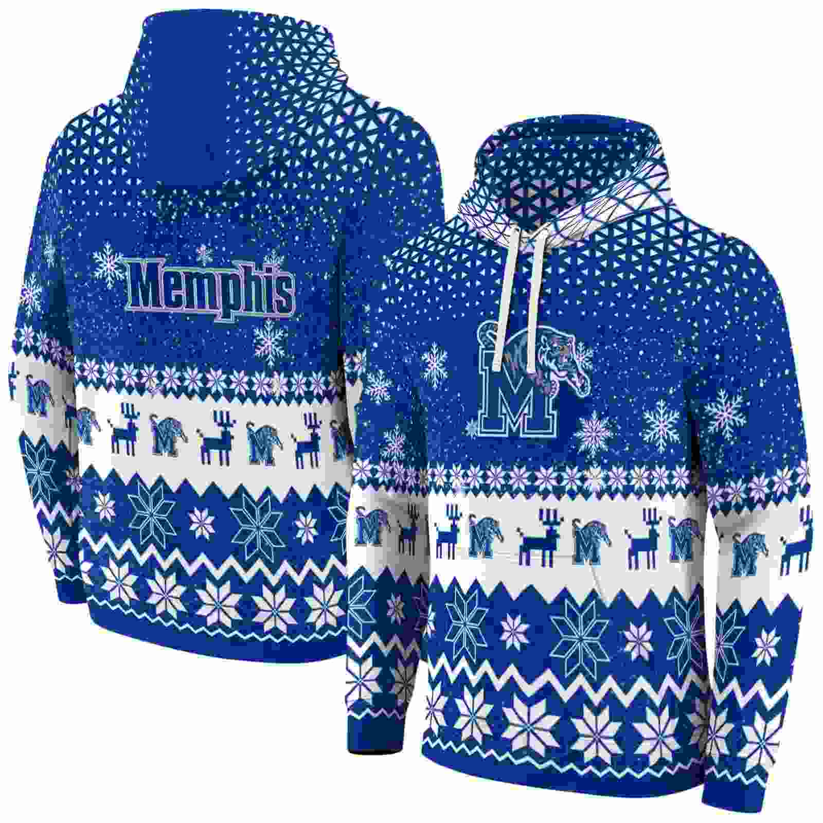 memphis tigers reindeer motif blue hoodie fashion forward