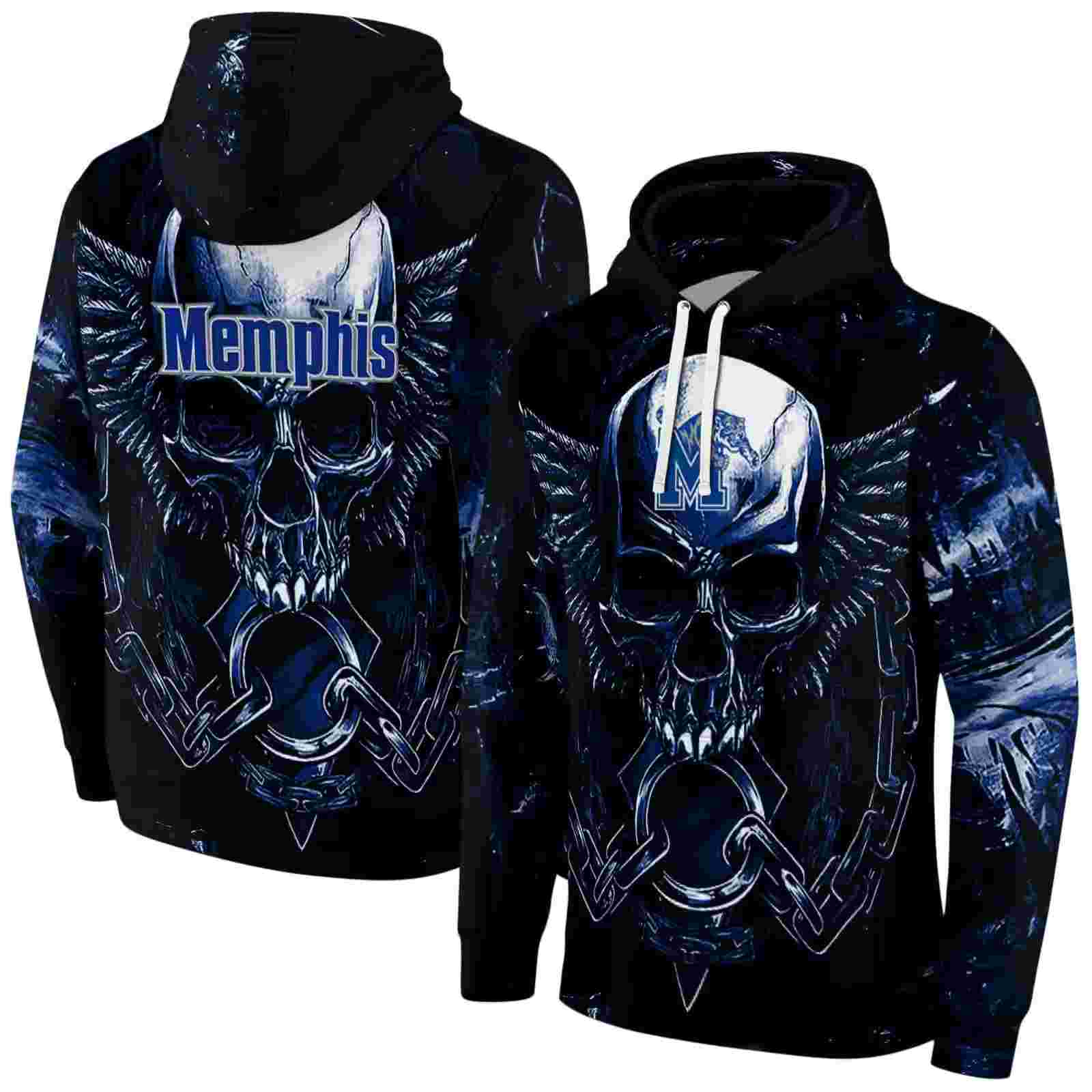 memphis tigers skull artwork blue black hoodie fashion forward