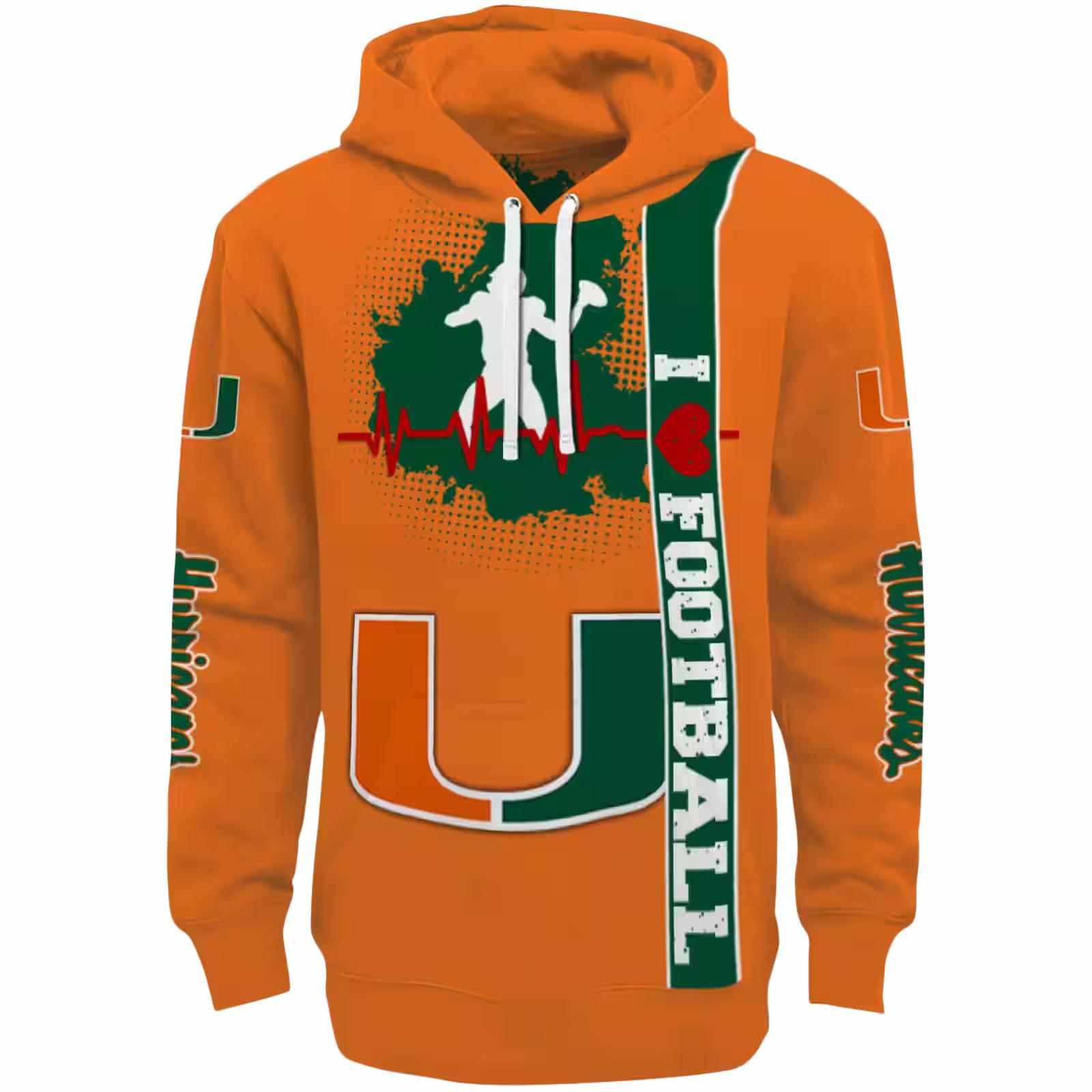 Miami Hurricanes Football Heartbeat Orange Hoodie