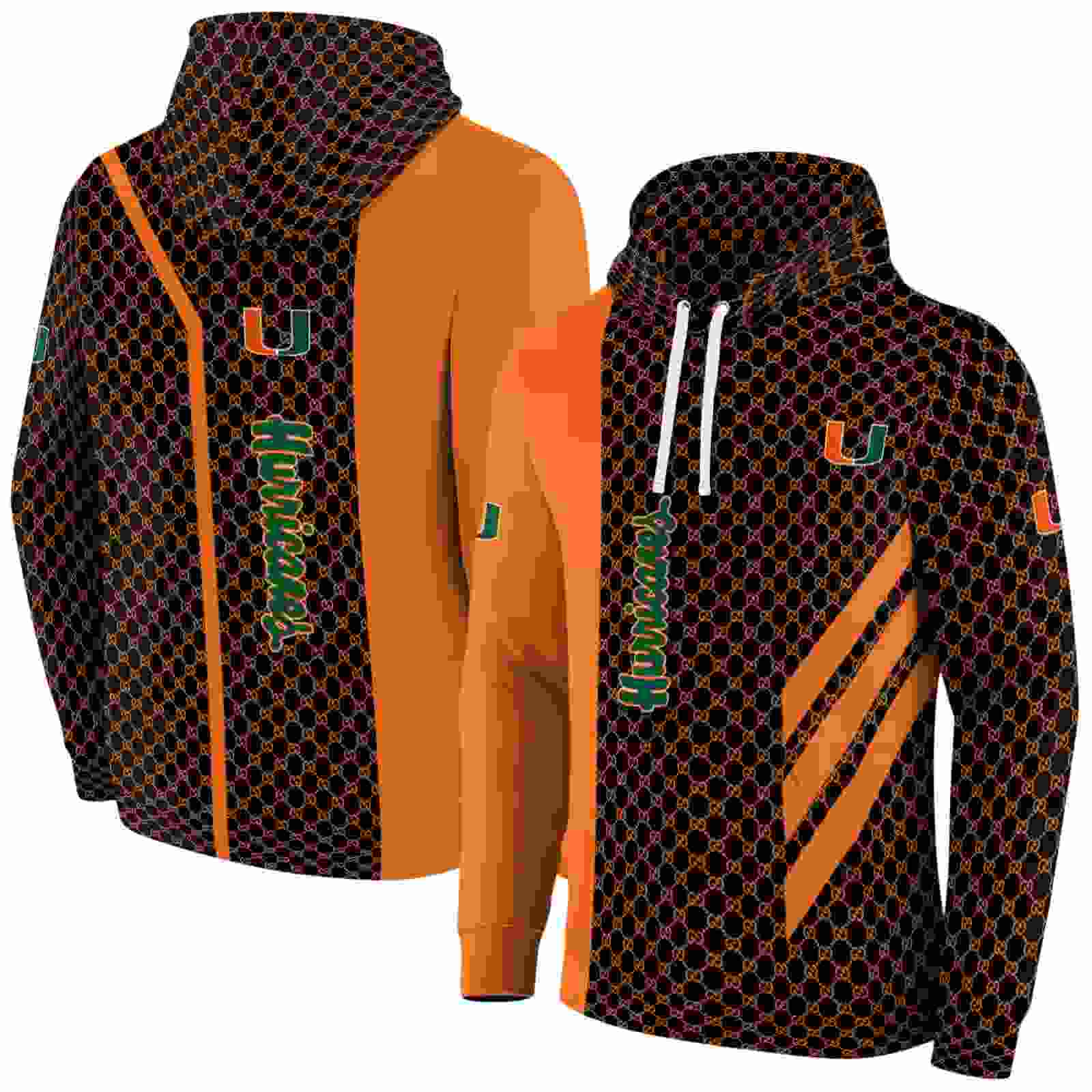 miami hurricanes monogram pattern orange hoodie fashion forward