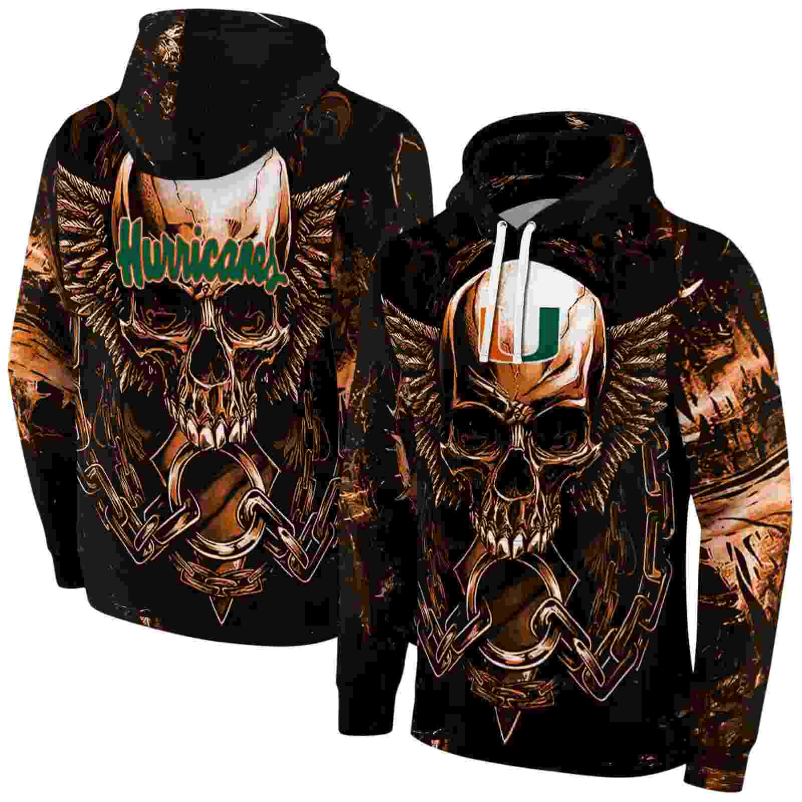 miami hurricanes skull artwork orange black hoodie fashion forward