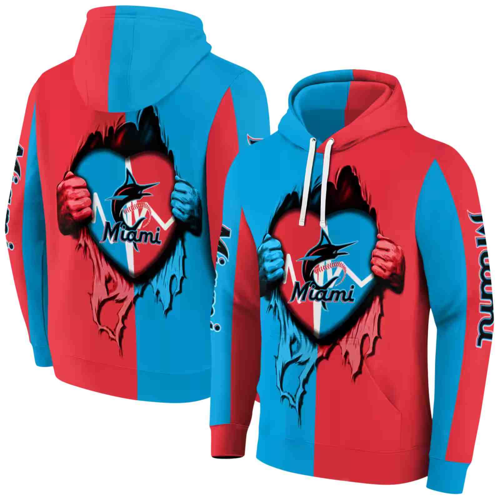 miami marlins heartbeat graphic blue hoodie fashion forward