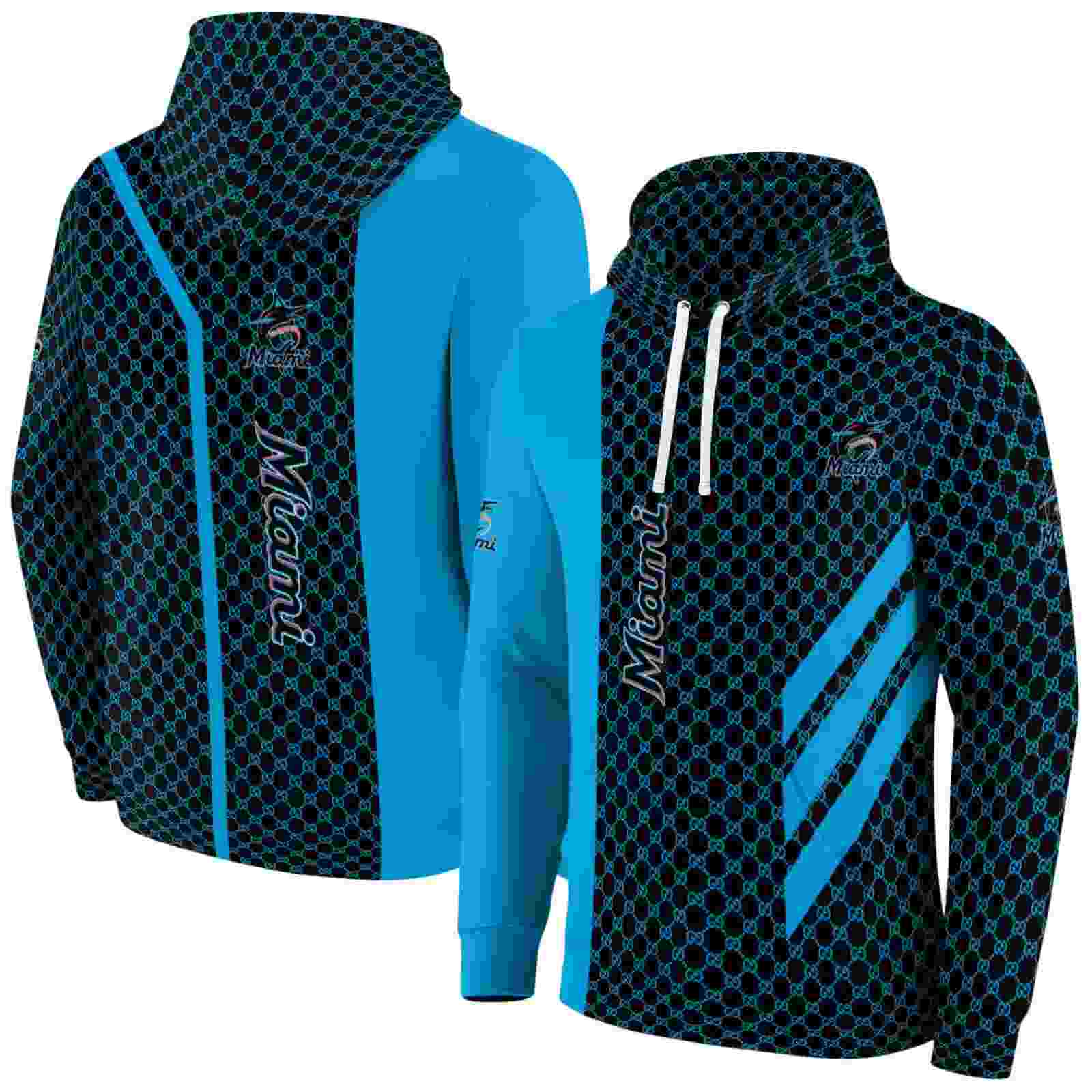 miami marlins monogram pattern blue hoodie fashion forward