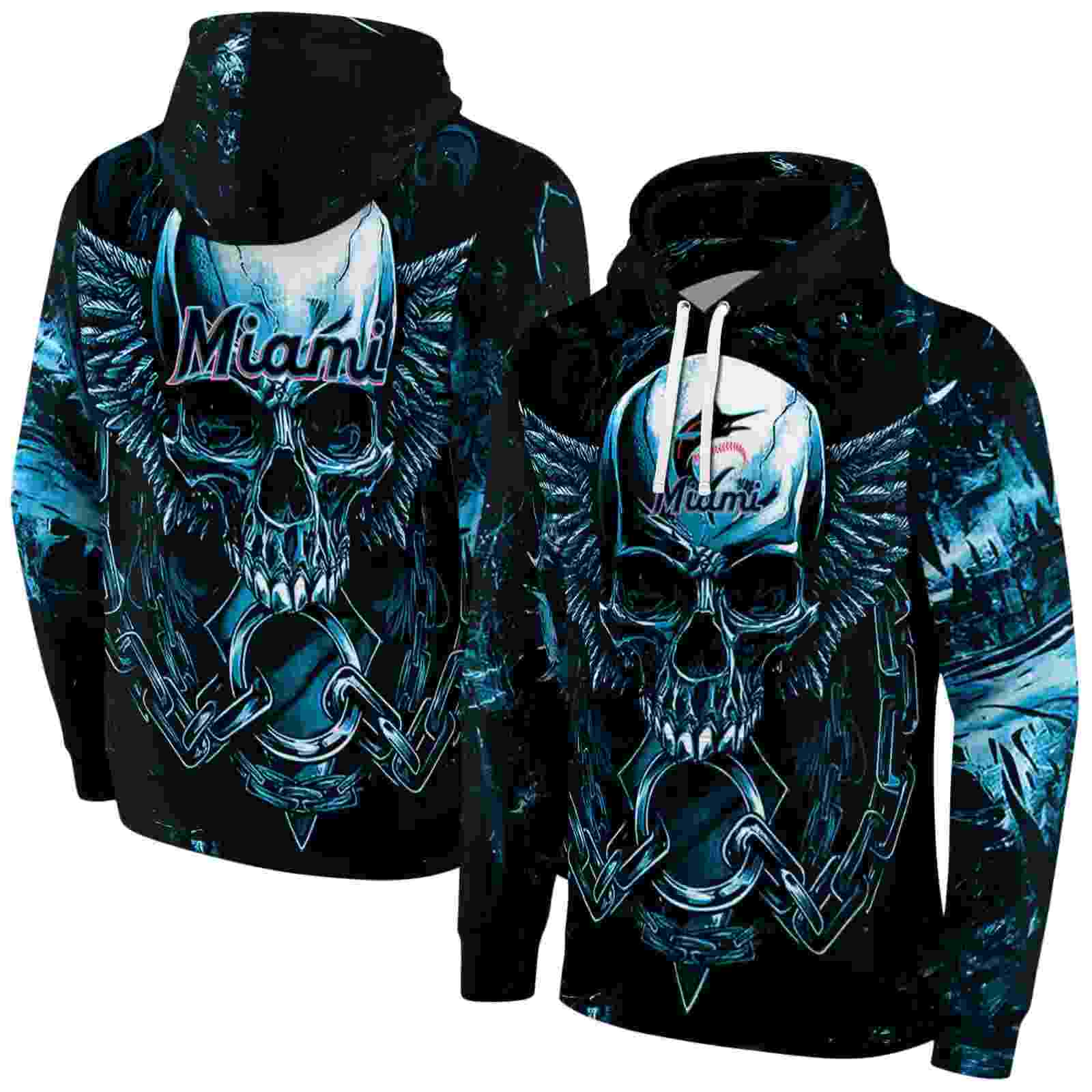 miami marlins skull artwork blue black hoodie fashion forward