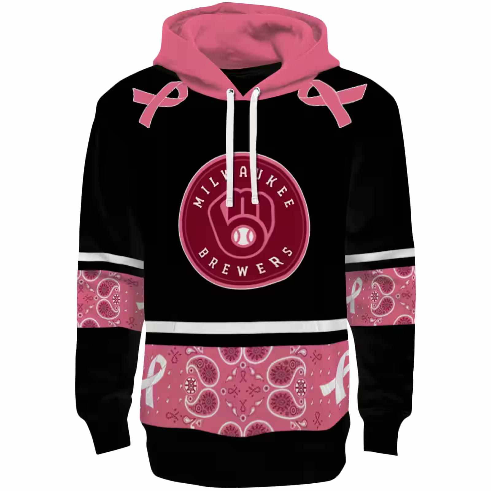 Milwaukee Brewers Awareness Ribbon Black Pink Hoodie