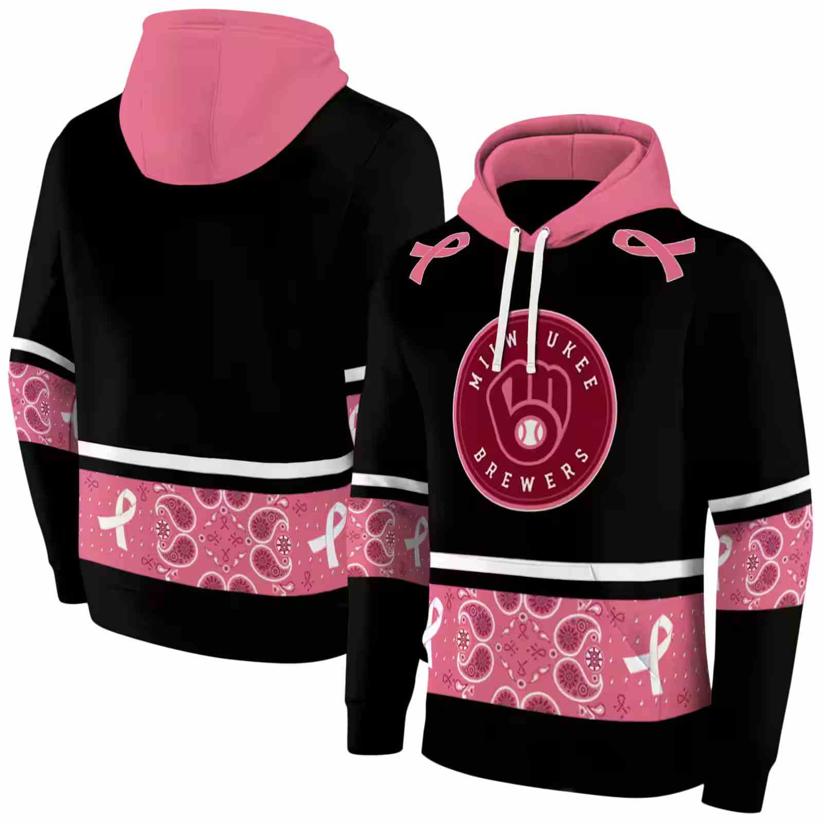 milwaukee brewers awareness ribbon black pink hoodie fashion forward