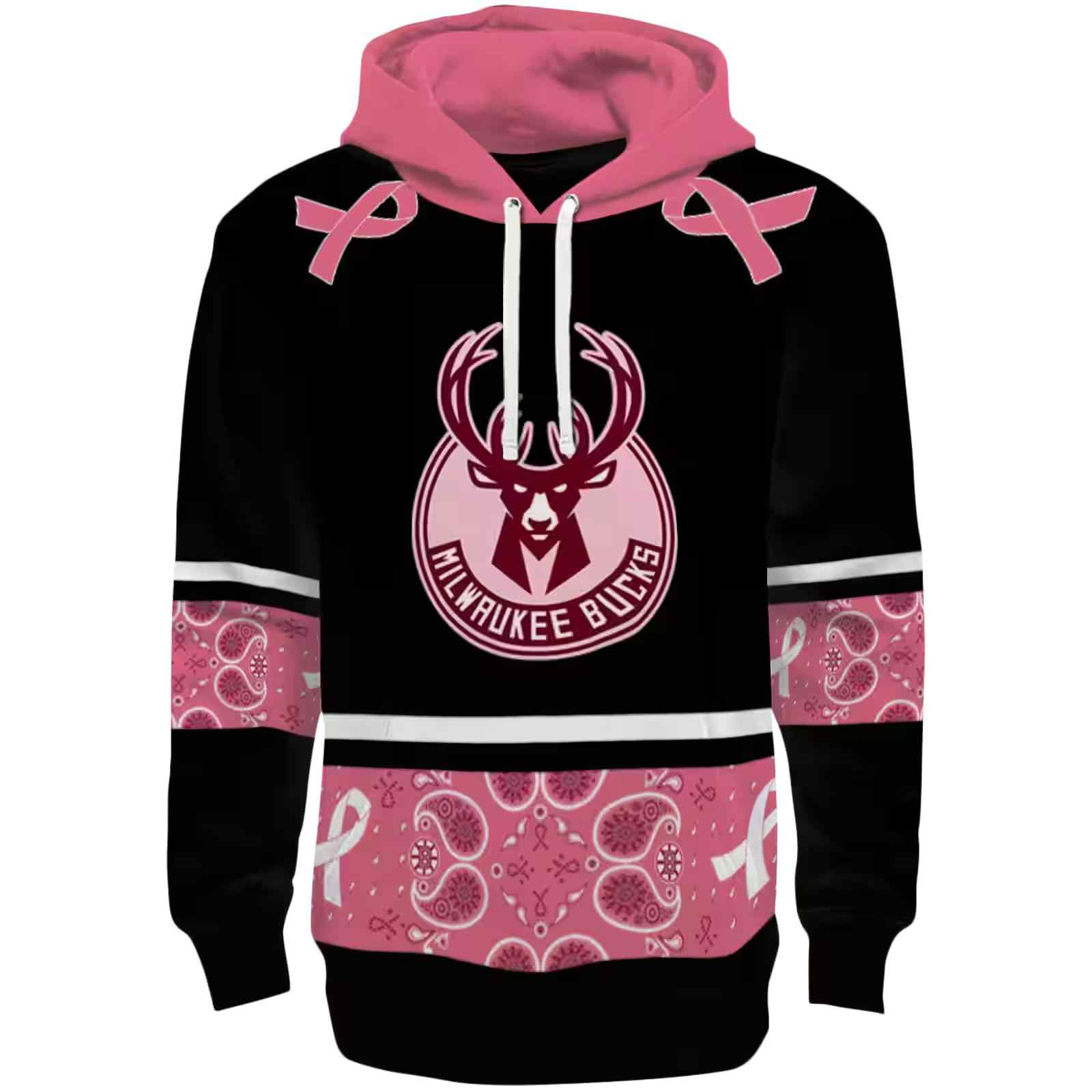 Milwaukee Bucks Awareness Ribbon Black Pink Hoodie