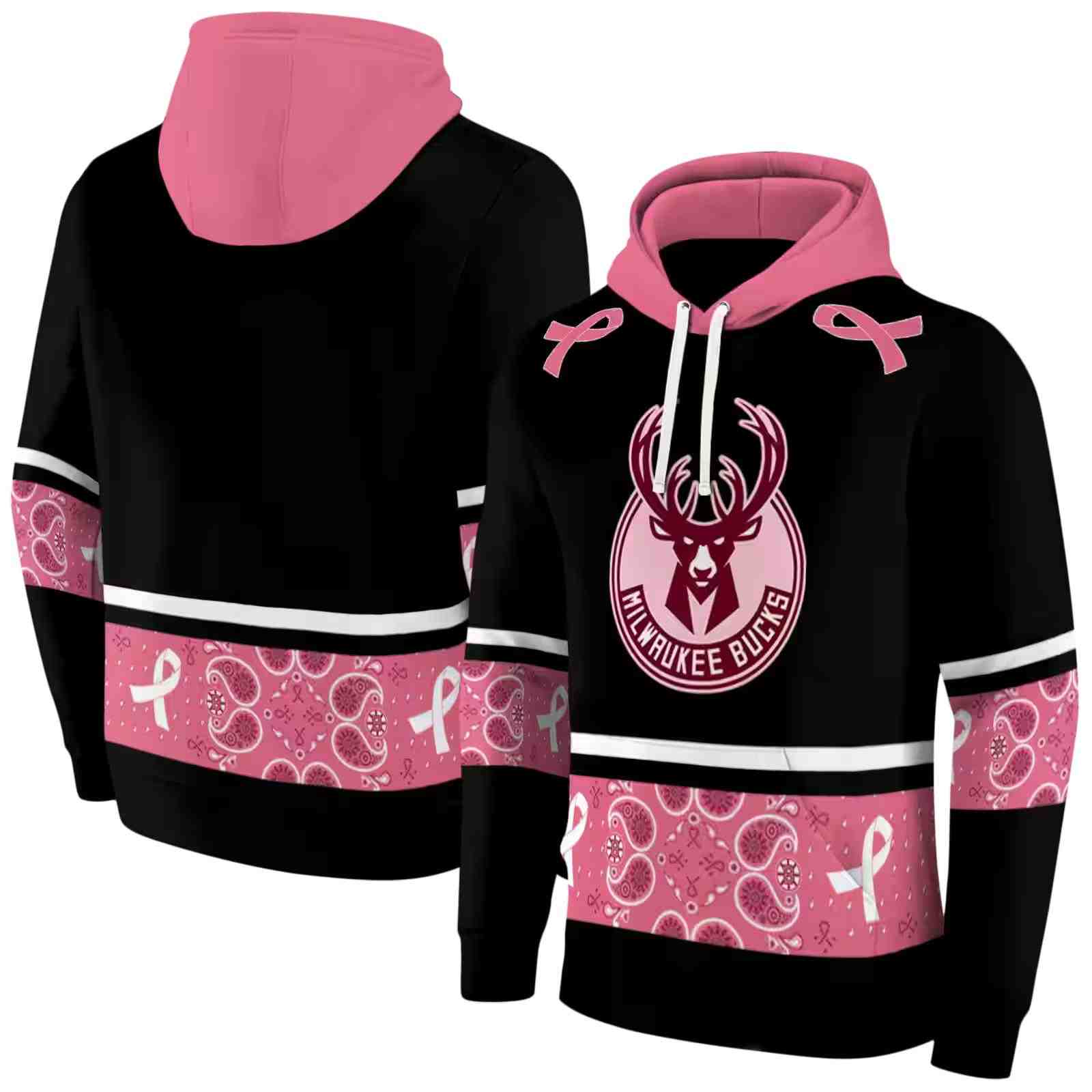 milwaukee bucks awareness ribbon black pink hoodie fashion forward