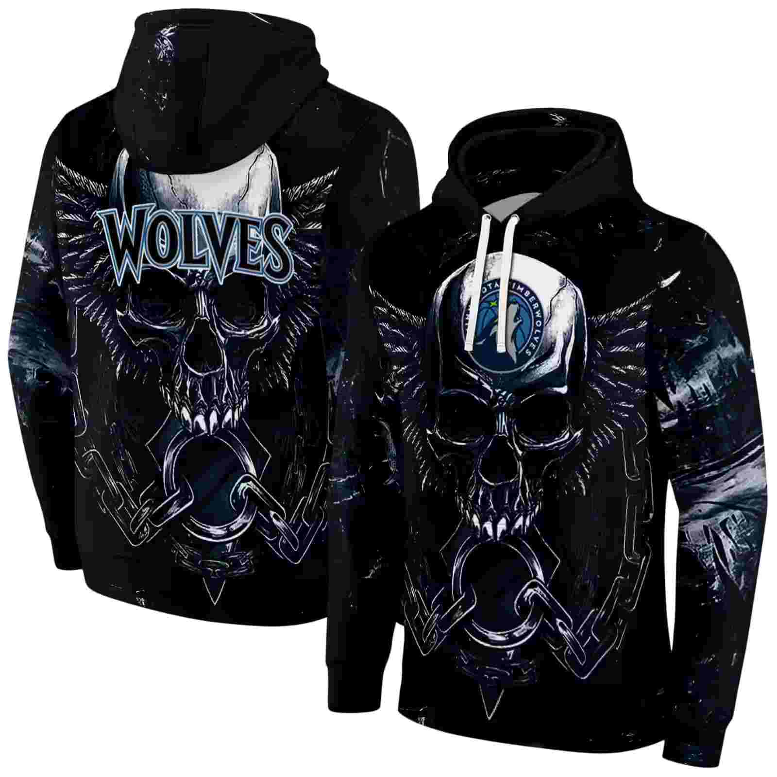 minnesota timberwolves skull artwork midnight blue black hoodie fashion forward