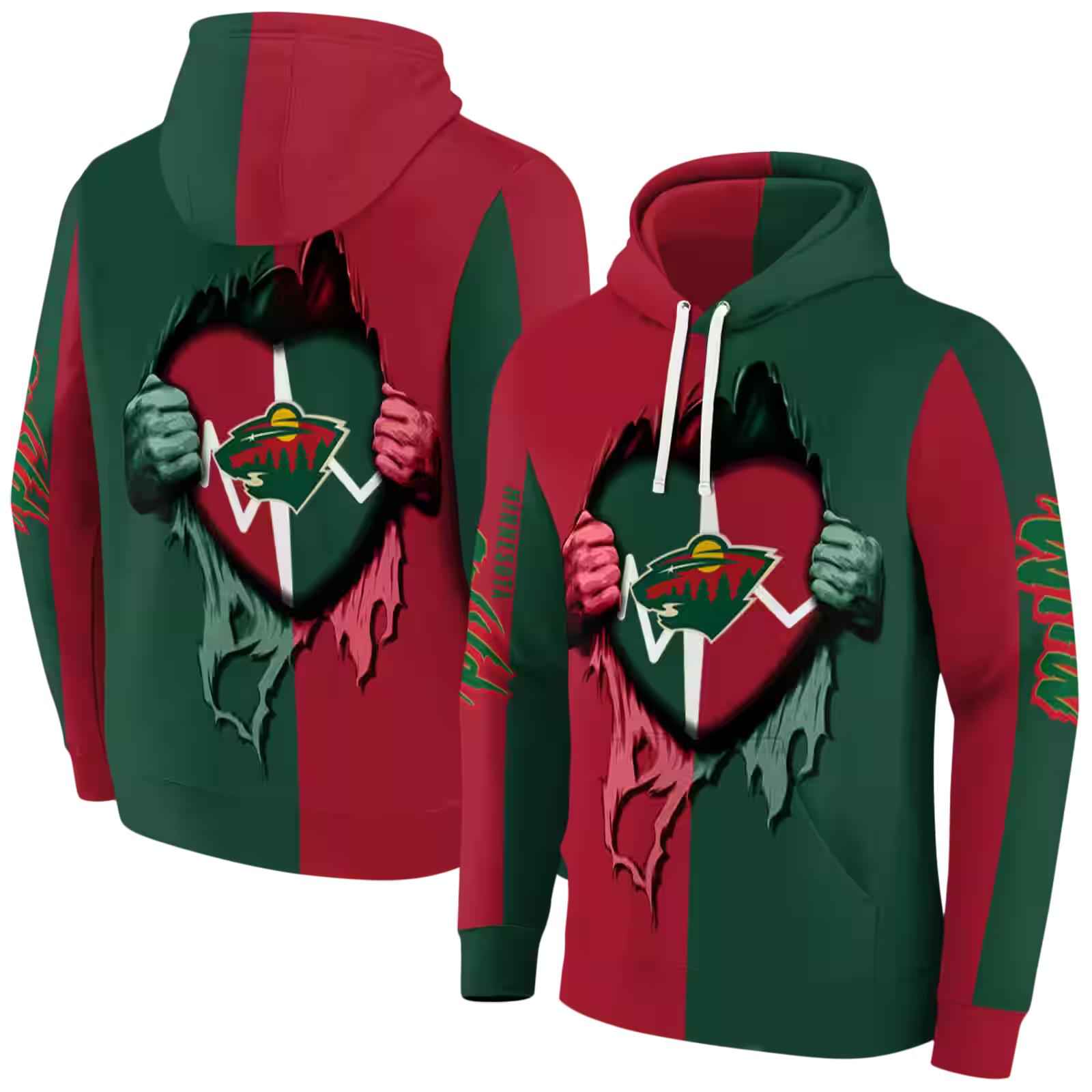 minnesota wild heartbeat graphic red hoodie fashion forward