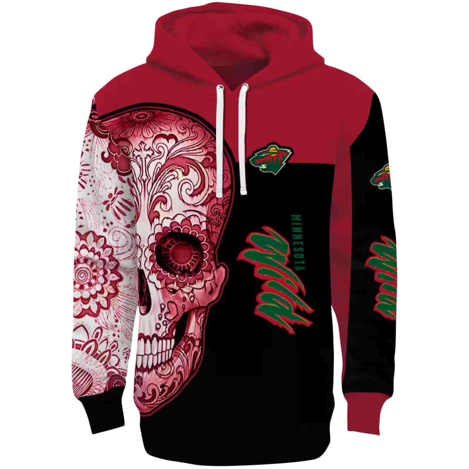 Minnesota Wild Sugar Skull Red Black Hoodie