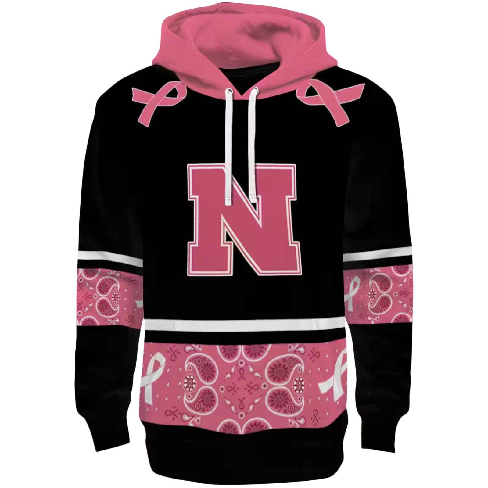 Nebraska Cornhuskers Awareness Ribbon Black Pink Hoodie