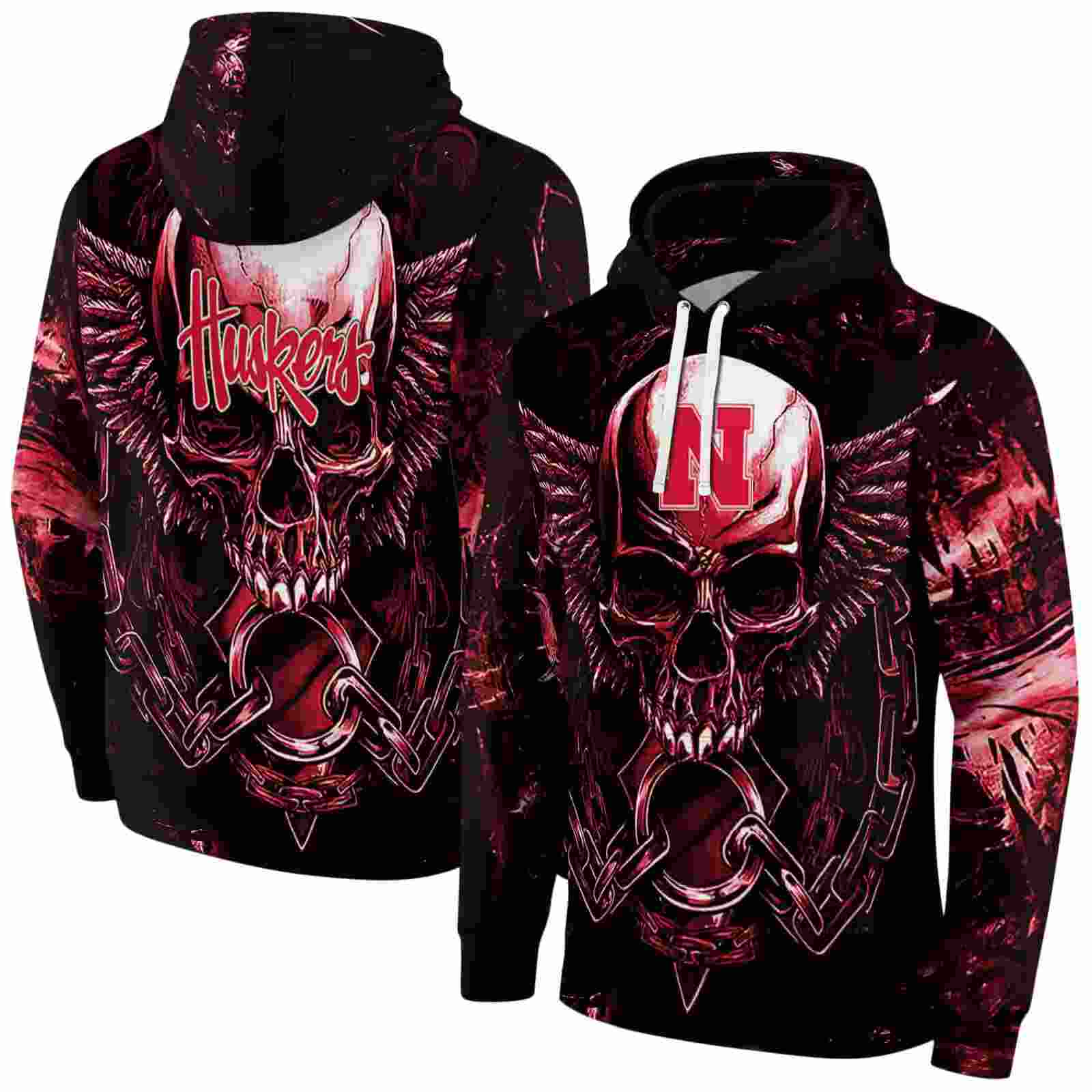 nebraska cornhuskers skull artwork red black hoodie fashion forward