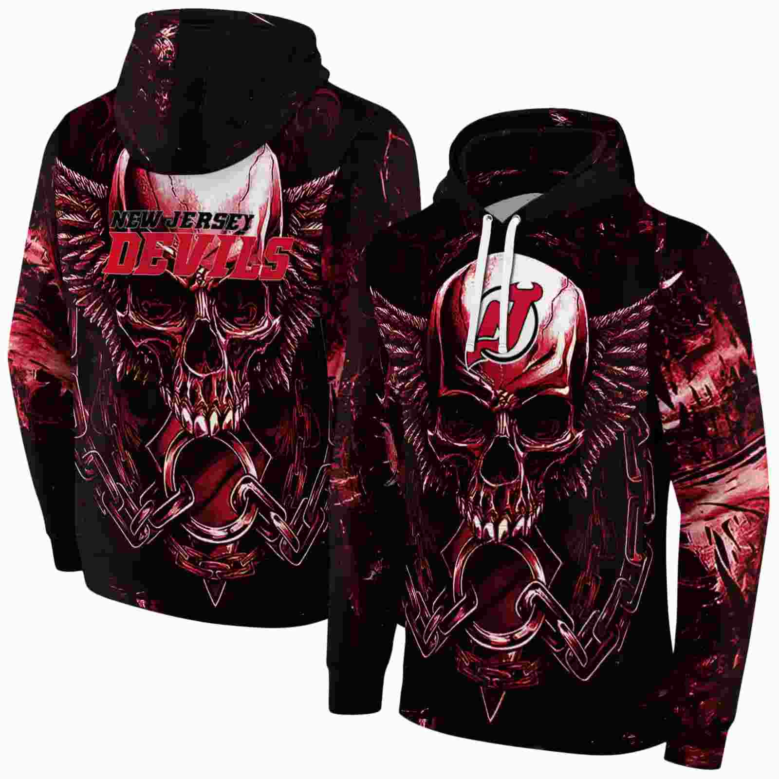 new jersey devils skull artwork red black hoodie fashion forward