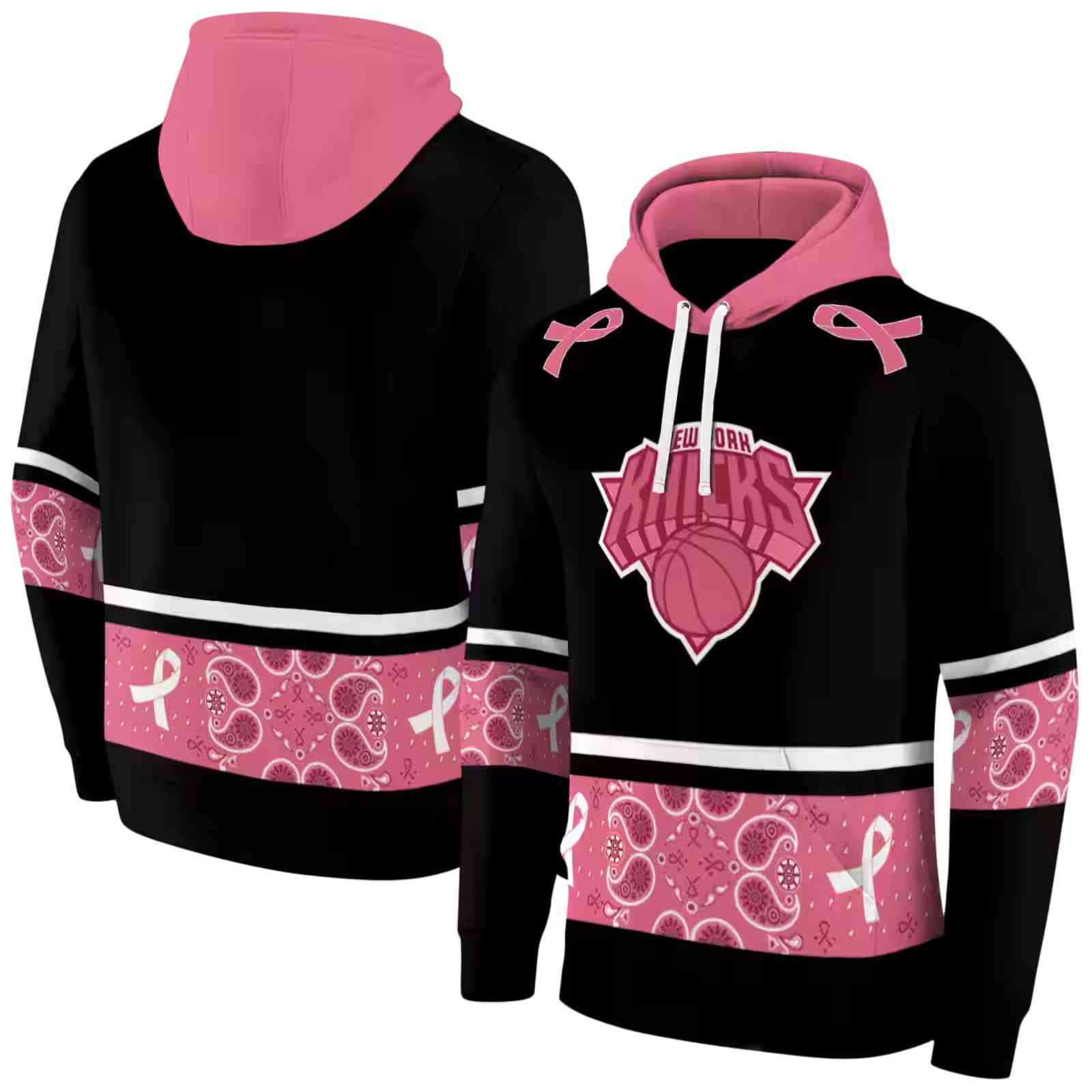 new york knicks awareness ribbon black pink hoodie fashion forward