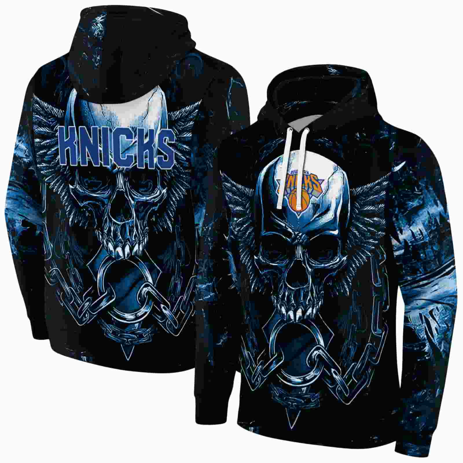 new york knicks skull artwork blue black hoodie fashion forward