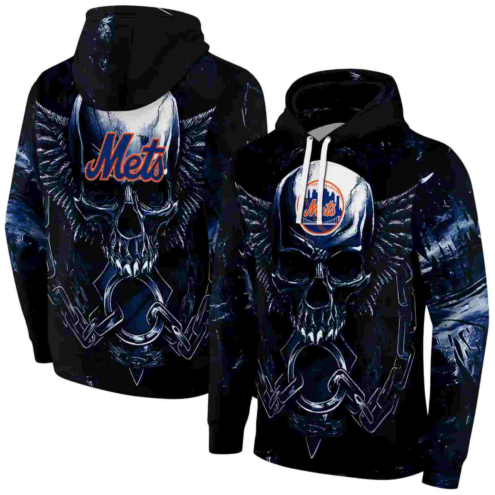 new york mets skull artwork blue black hoodie fashion forward