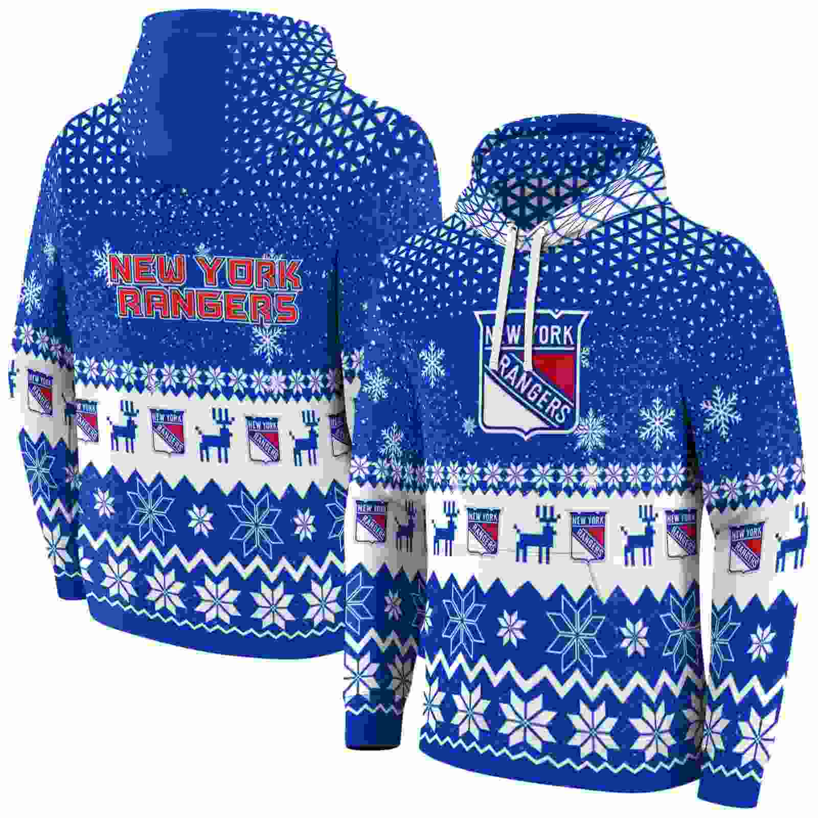 new york rangers reindeer motif blue hoodie fashion forward