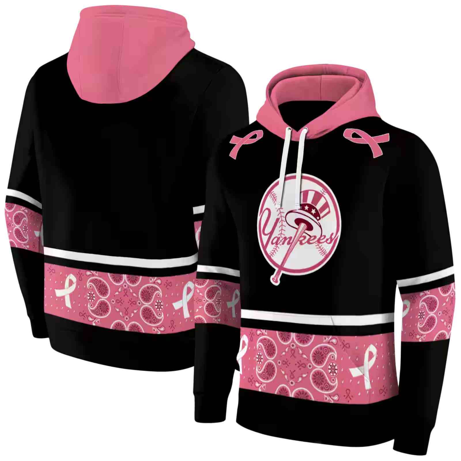 new york yankees awareness ribbon black pink hoodie fashion forward