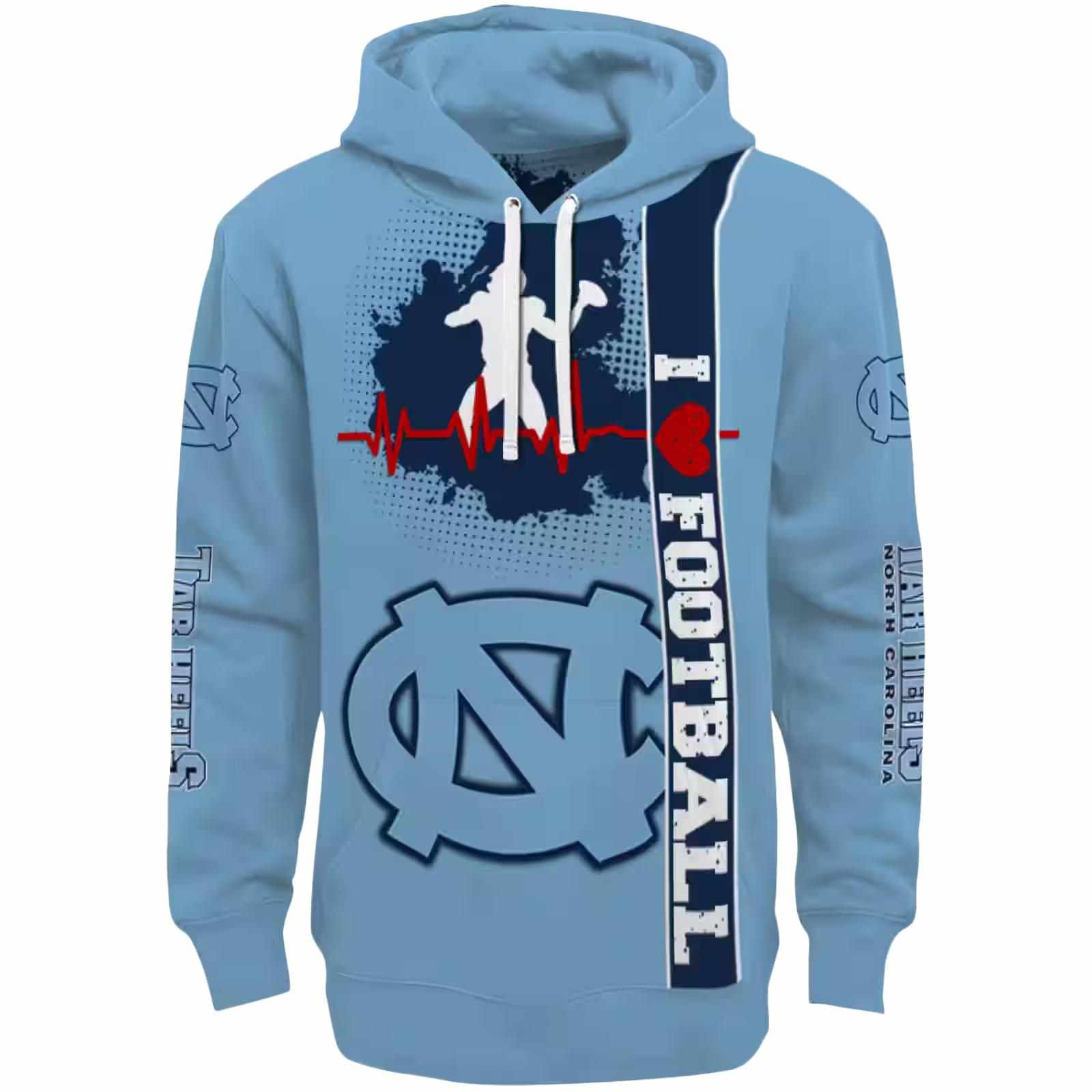 North Carolina Tar Heels Football Heartbeat Light Blue Hoodie