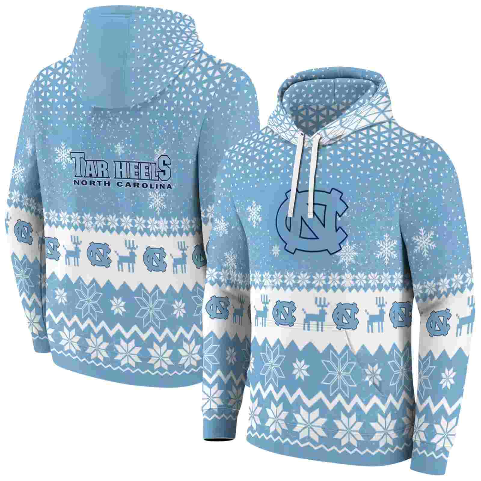 north carolina tar heels reindeer motif light blue hoodie fashion forward