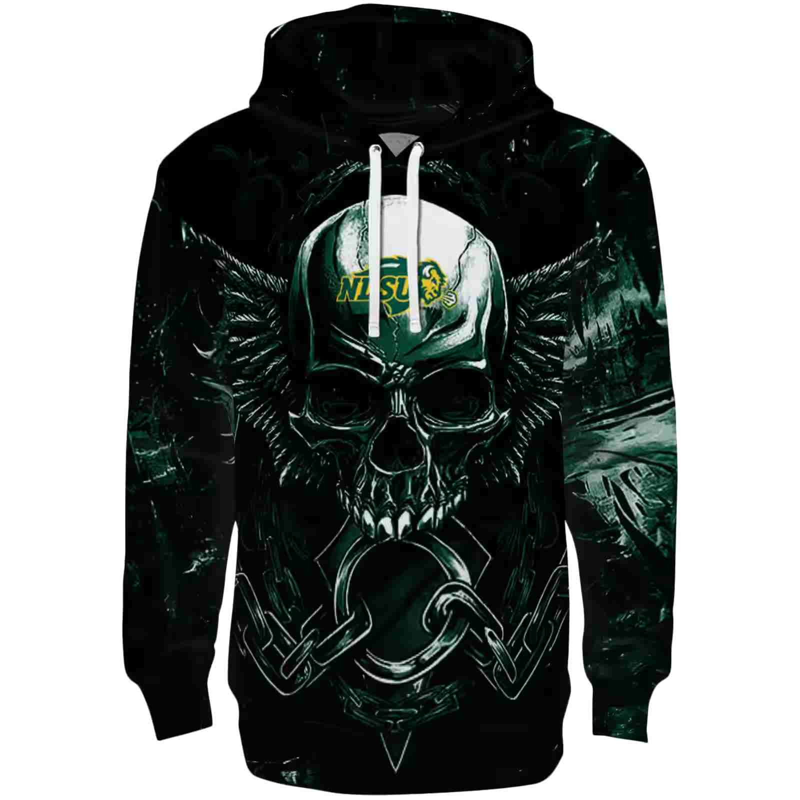 North Dakota State Bison Skull Artwork Green Black Hoodie