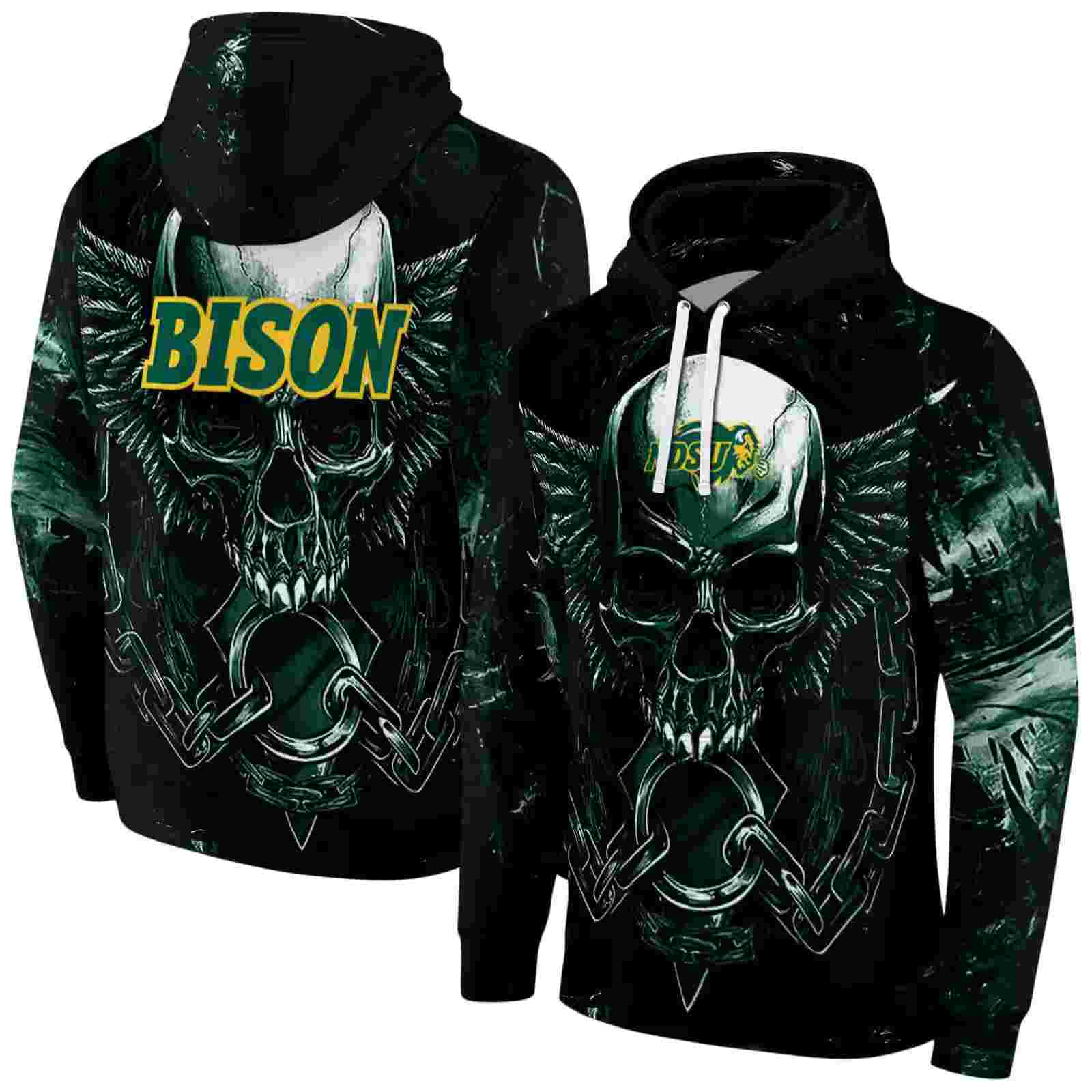 north dakota state bison skull artwork green black hoodie fashion forward