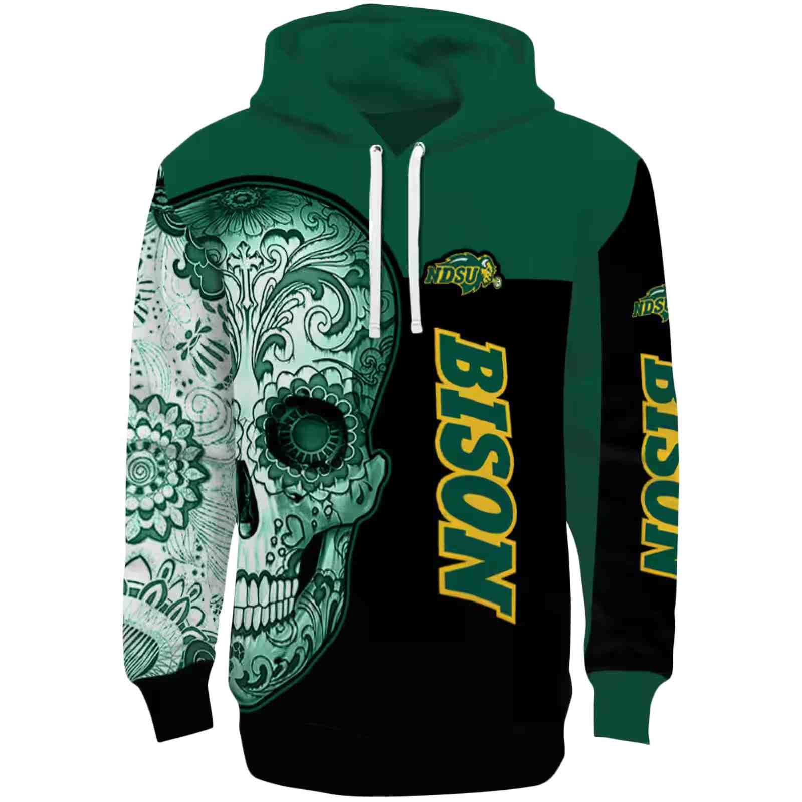 North Dakota State Bison Sugar Skull Green Black Hoodie