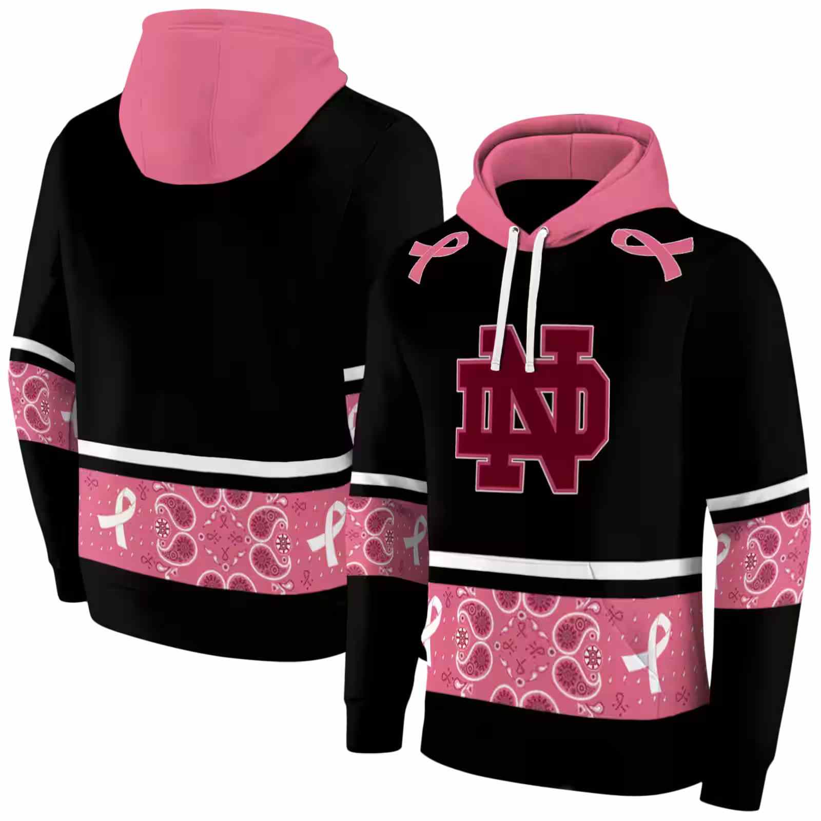 notre dame fighting irish awareness ribbon black pink hoodie fashion forward