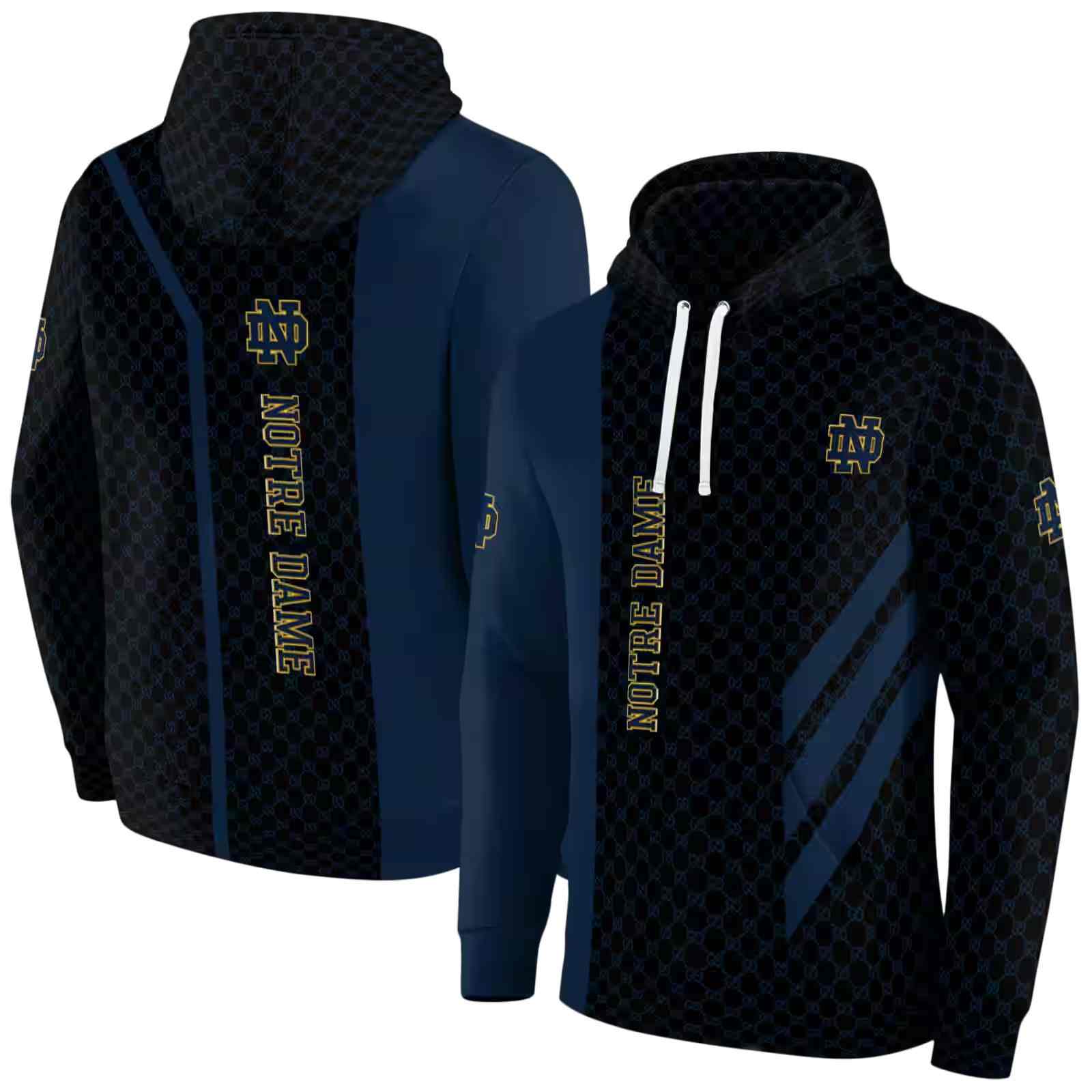notre dame fighting irish monogram pattern navy hoodie fashion forward