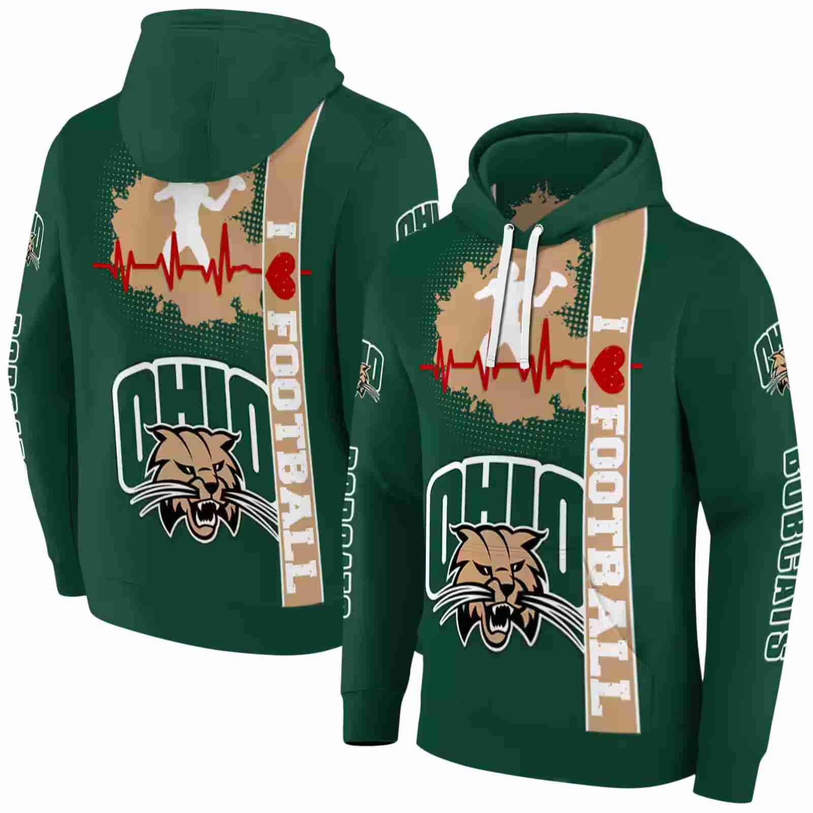 ohio bobcats football heartbeat green hoodie fashion forward