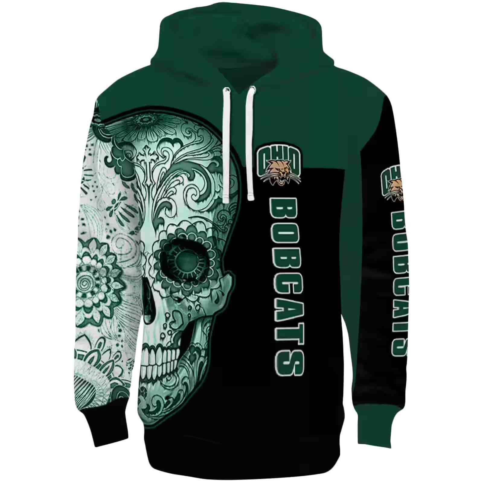 Ohio Bobcats Sugar Skull Green Black Hoodie