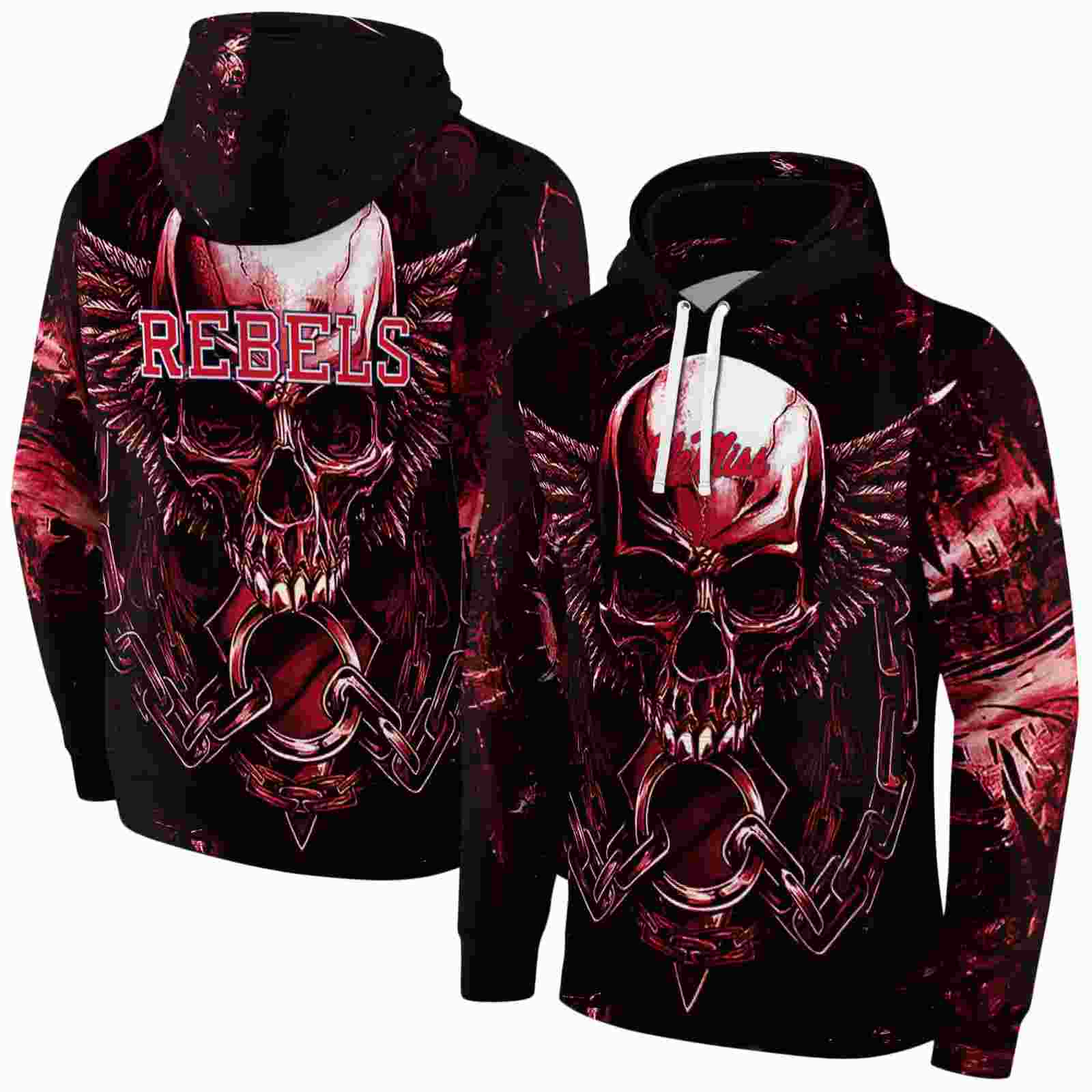 ole miss rebels skull artwork red black hoodie fashion forward