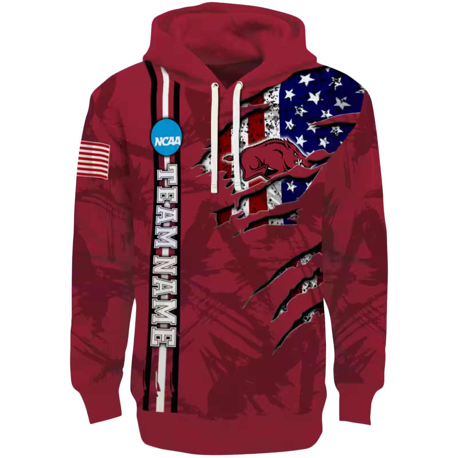 Personalized Arkansas Razorbacks Ripped Flag Red Hoodie