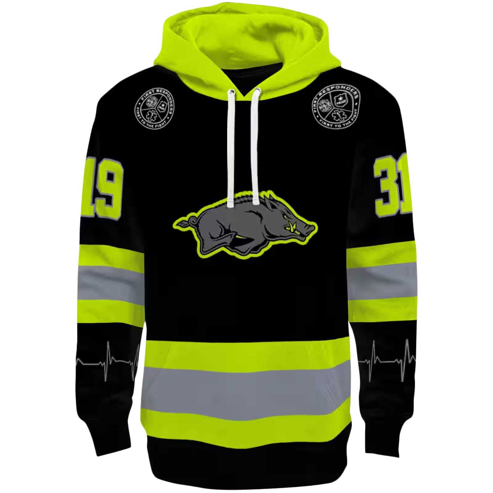 Personalized Arkansas Razorbacks Safety Motif Black Neon Green Hoodie