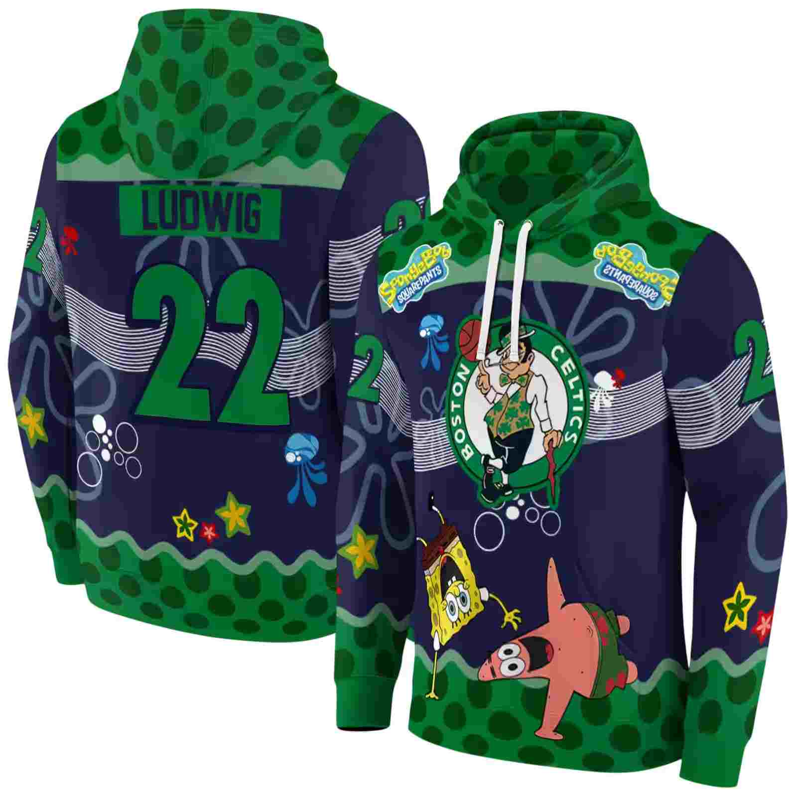 personalized boston celtics spongebob patrick star green navy hoodie fashion forward